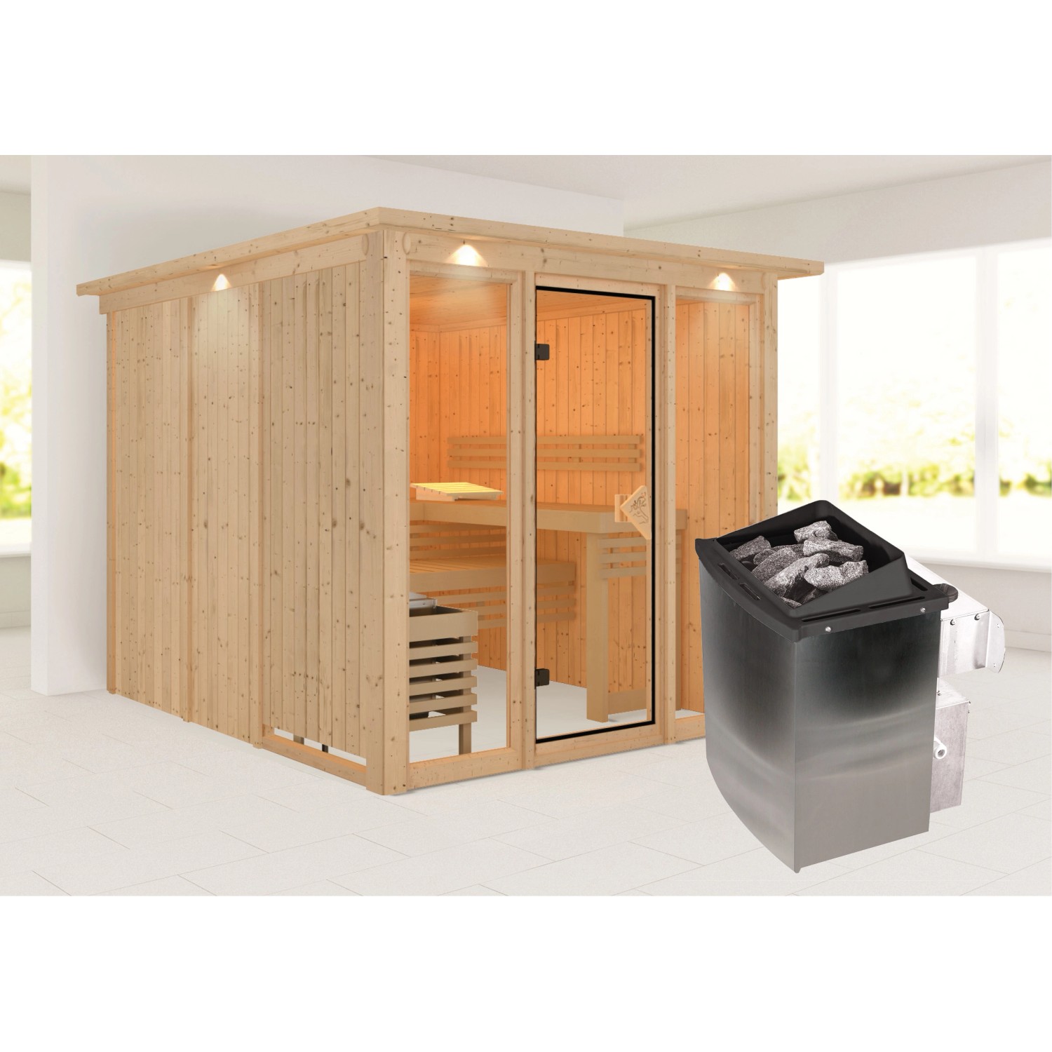 Karibu Sauna Svava Glasfront mit Kranz Set Natur m. Ofen 9 kW integr. Strg.