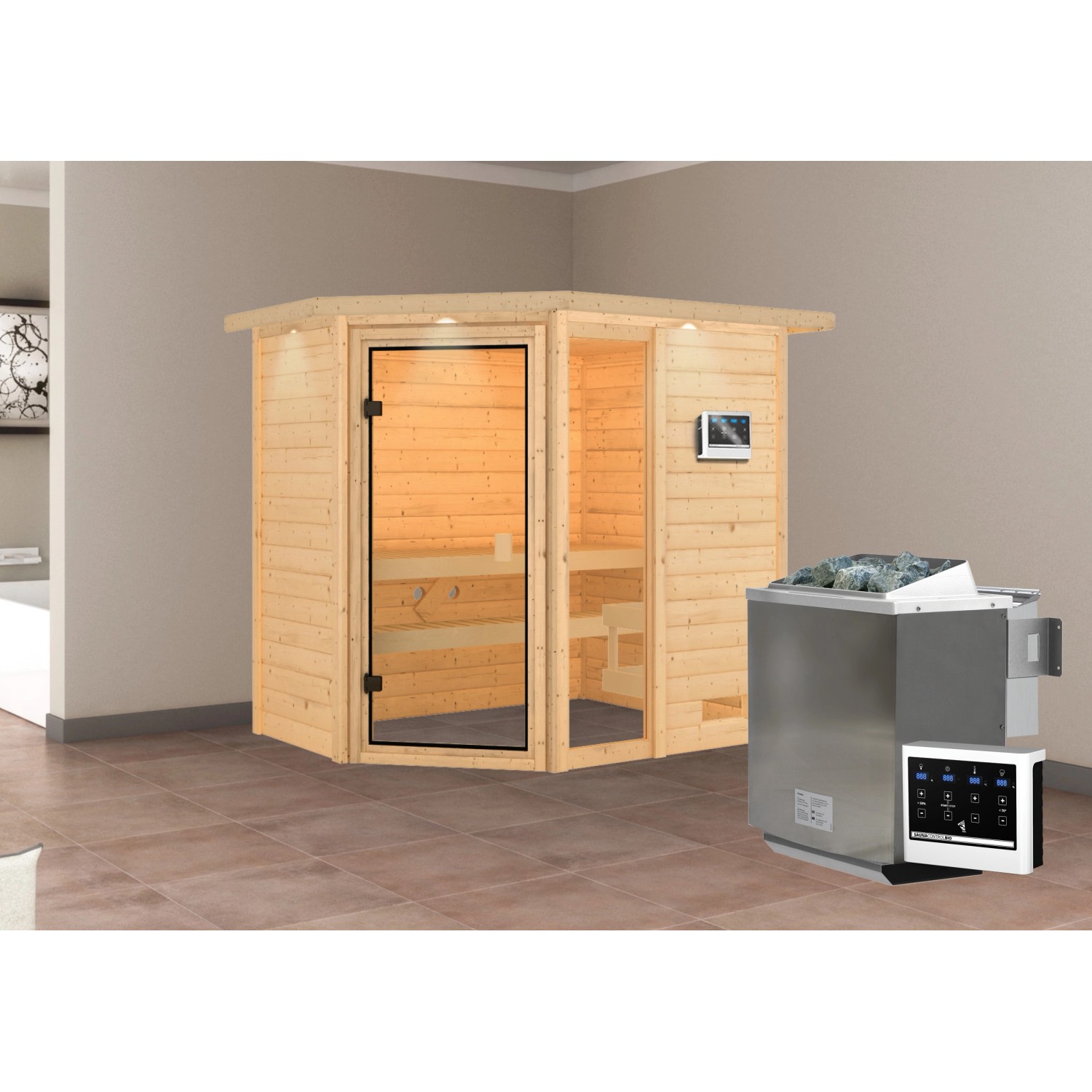 Karibu Sauna Jada mit Bio-Ofen externe Stg.LED-Dachkranz Natur