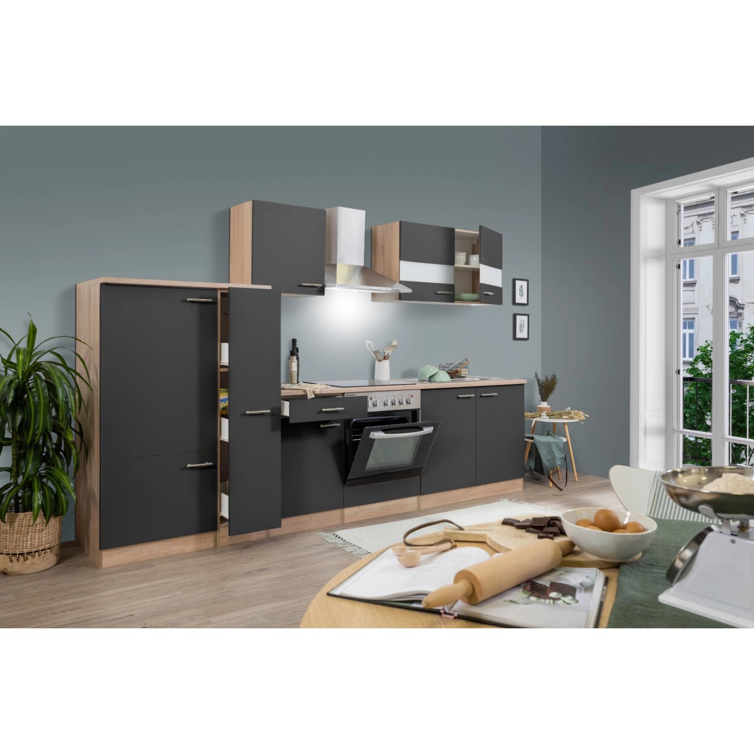 Respekta Küchenzeile KB300ESGC 300 cm Grau-Eiche Sägerau Nachbildung