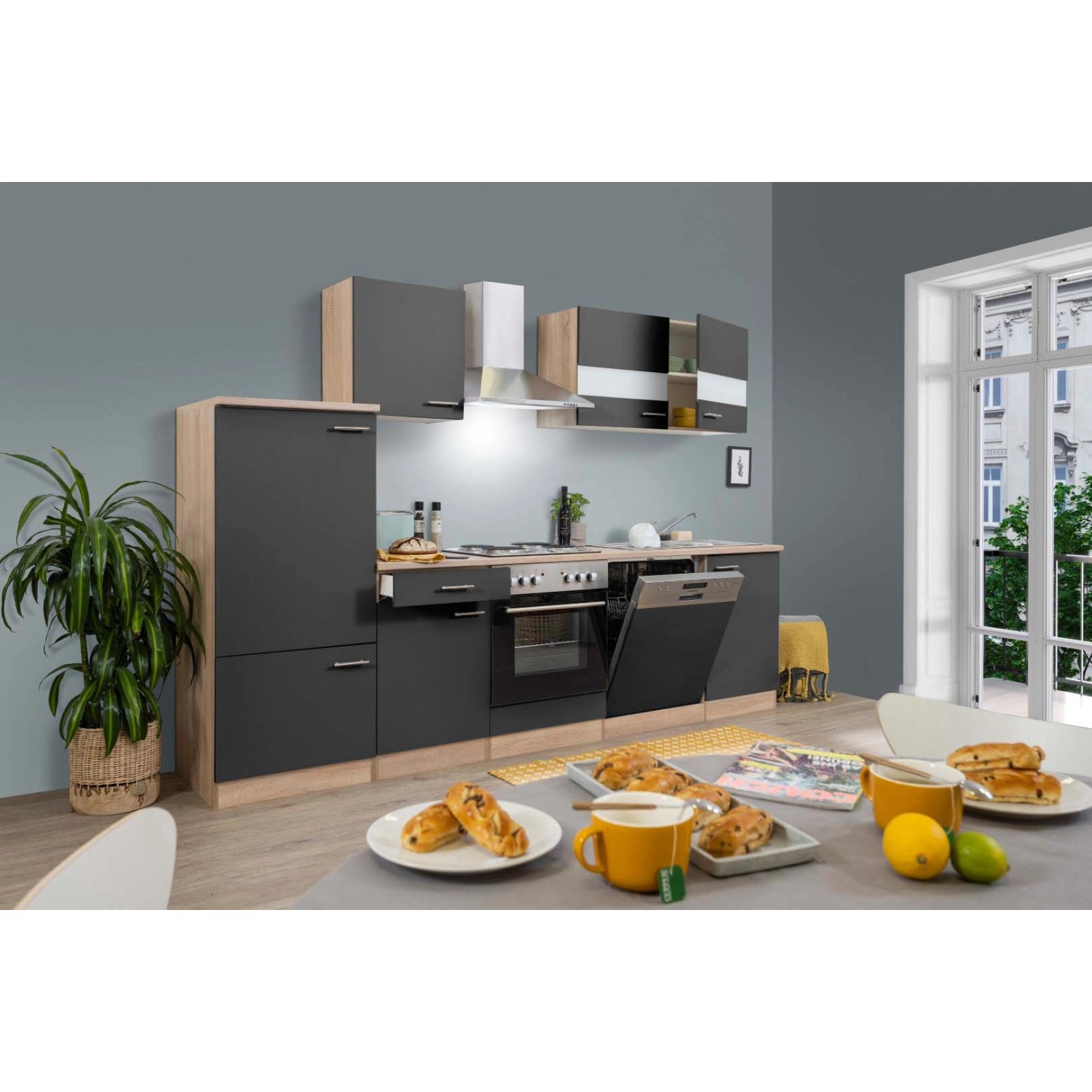 Respekta Küchenzeile ohne E-Geräte LBKB280ESG 280 cm Grau-Eiche Sonoma Sägerau