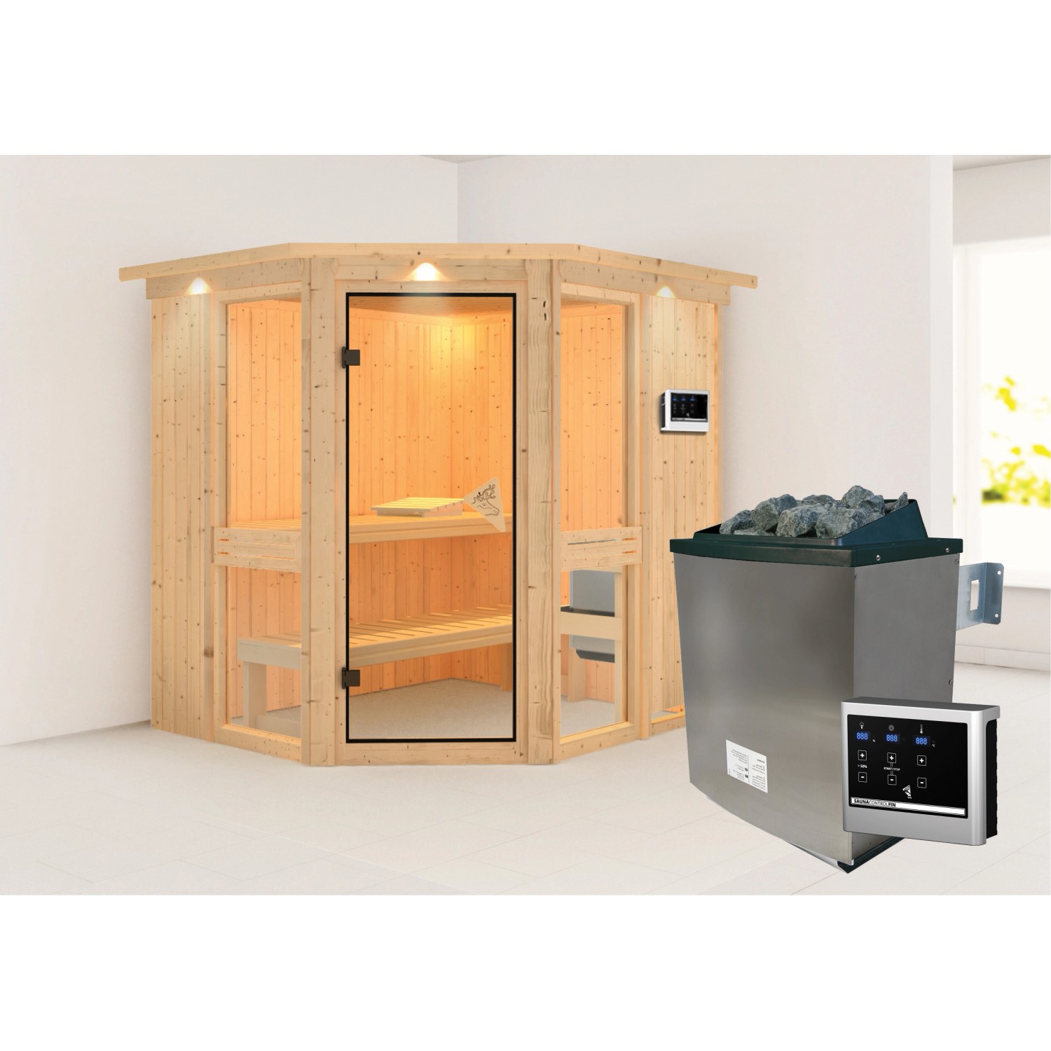 Karibu Sauna Anina 1 mit Ofen externe Stg.LED-Dachkranz Natur
