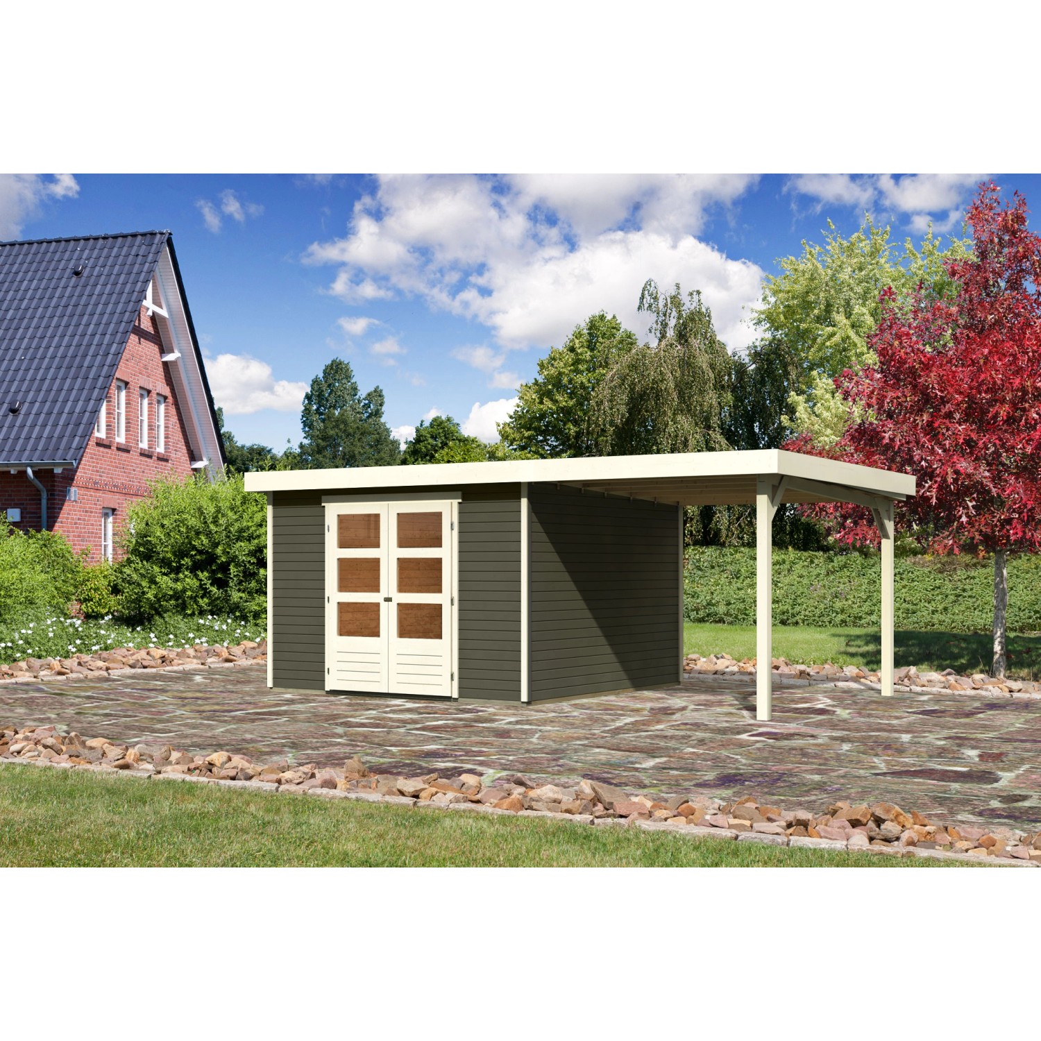 Karibu Holz-Gartenhaus Boras Terragrau Flachdach Lackiert 298 cm x 302 cm