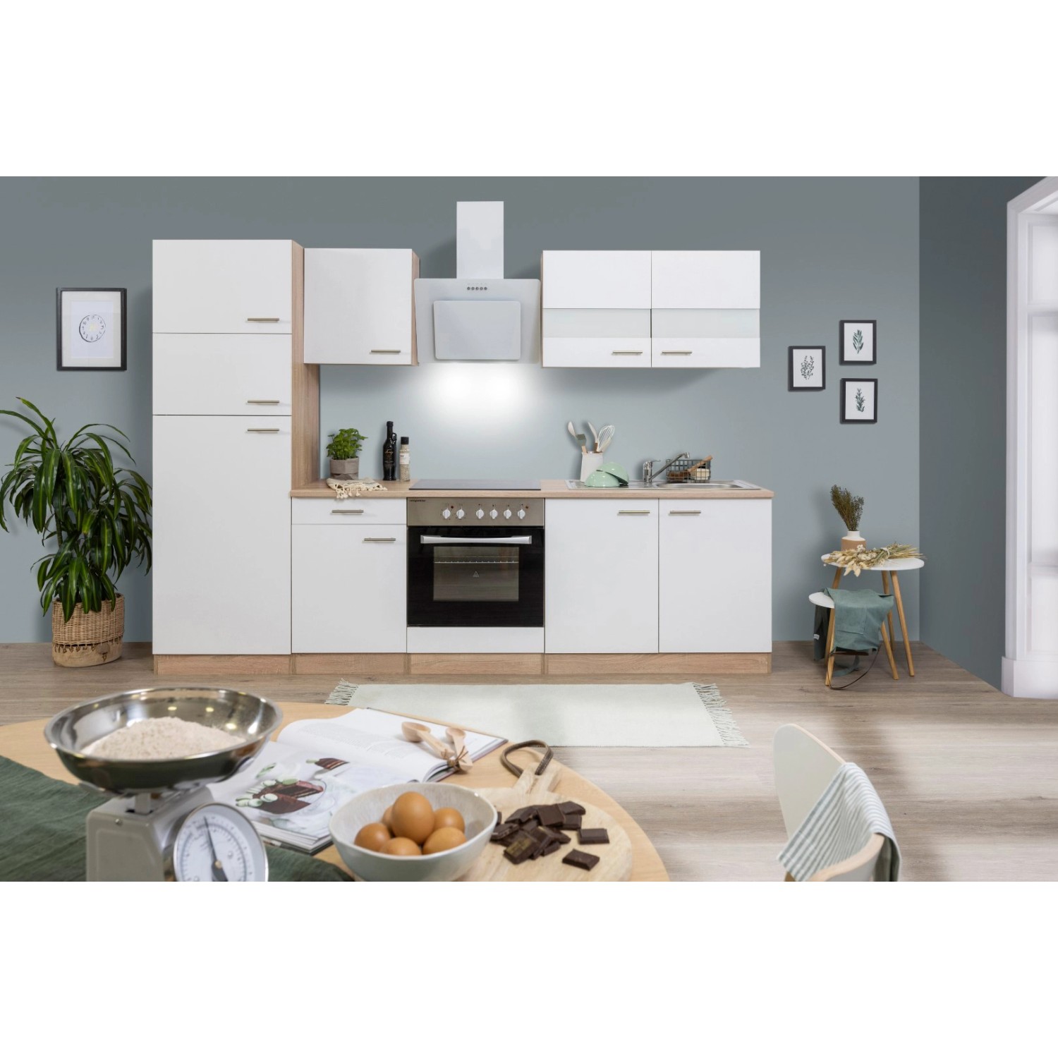 Respekta Küchenzeile KB270ESWCGKE 270 cm Weiß-Eiche Sägerau Nachbildung Glänzend