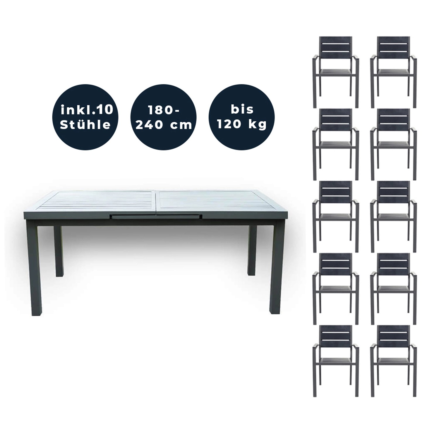 Home Deluxe Gartenmöbel-Set Calido Madera 11-tlg. Anthrazit mit Ausziehtisch