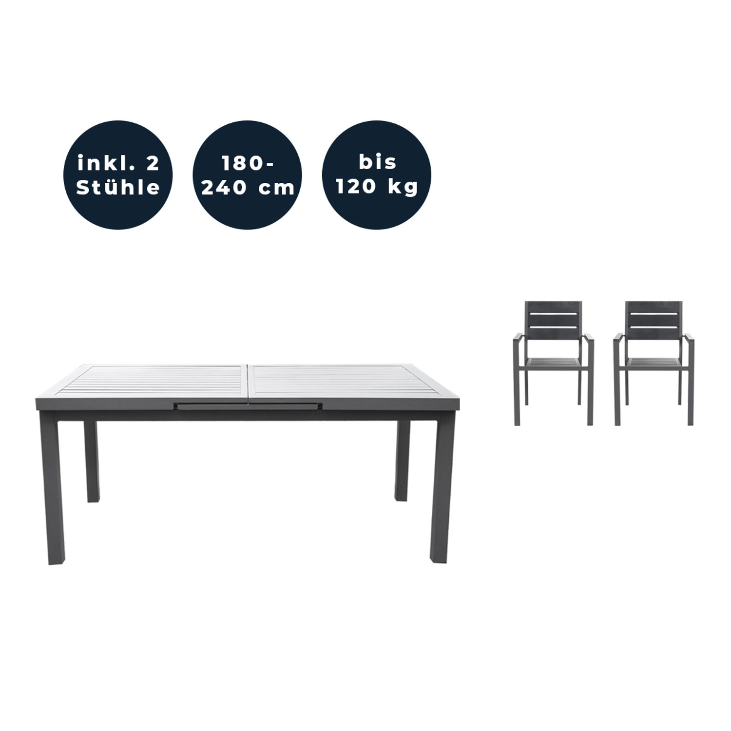 Home Deluxe Gartenmöbel-Set Calido Madera 3-tlg. Anthrazit mit Ausziehtisch