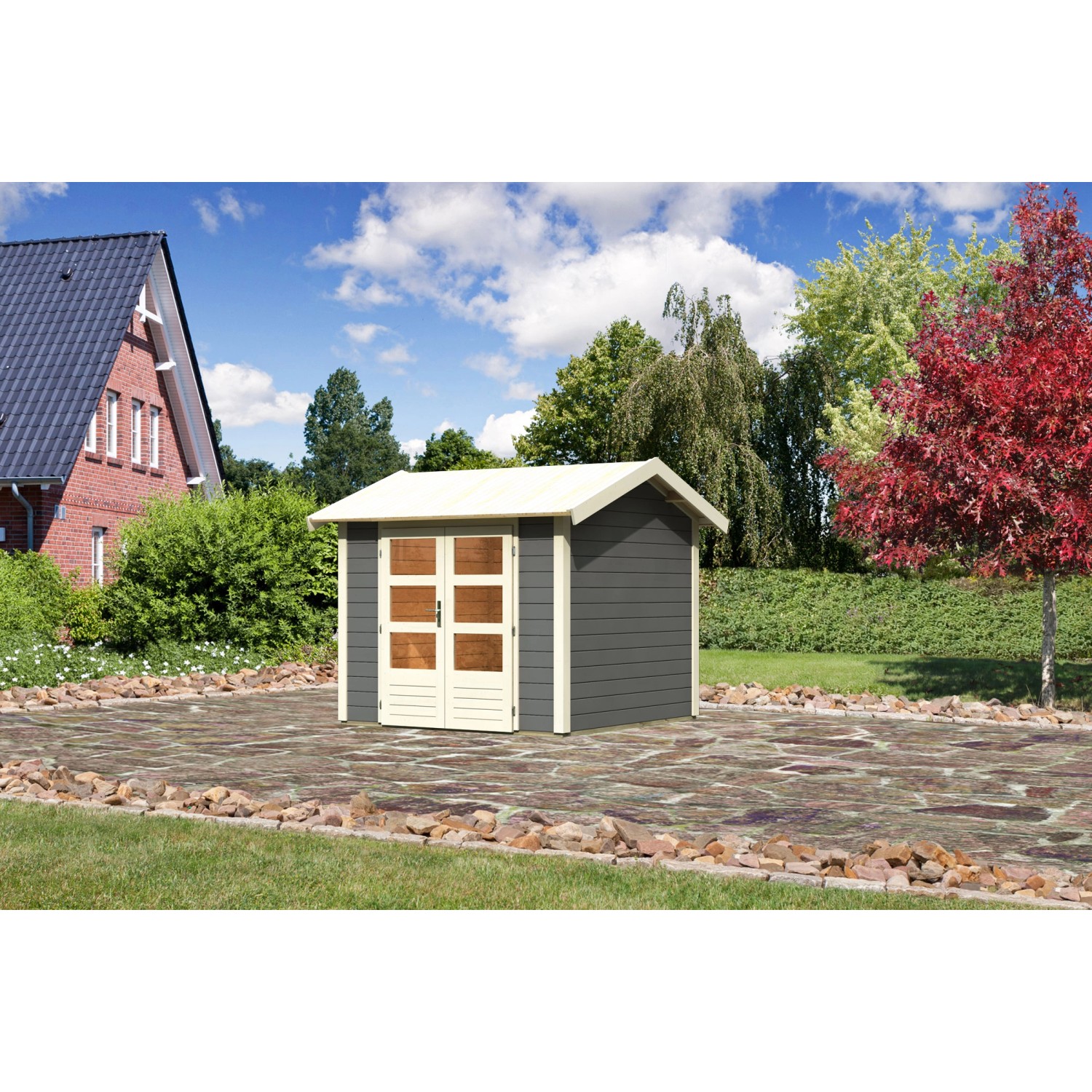 Karibu Holz-Gartenhaus Timra Terragrau Satteldach Lackiert 240 cm x 244 cm