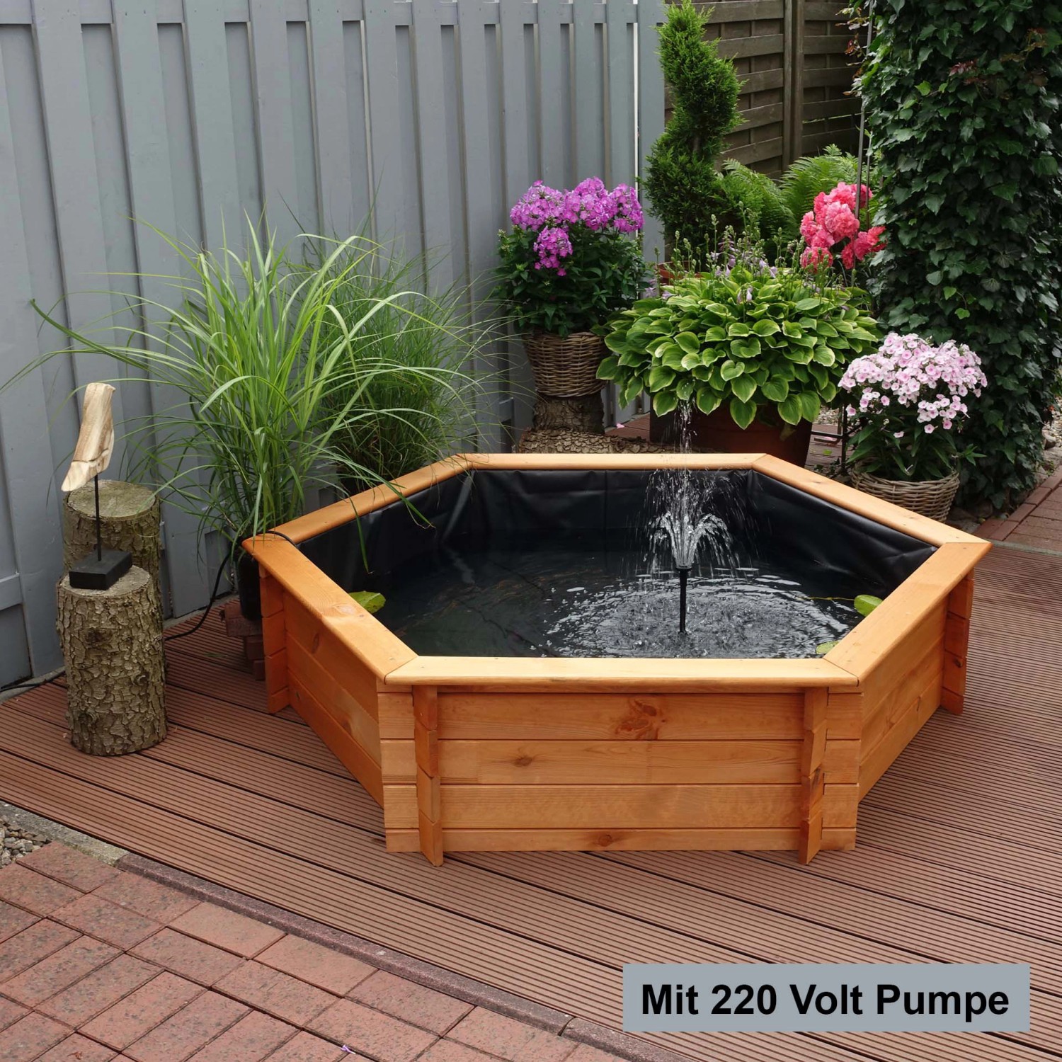 Promadino Sechseck-Hochteich Ø 200 cm inkl. Pumpe 220 Volt aus Kiefernholz