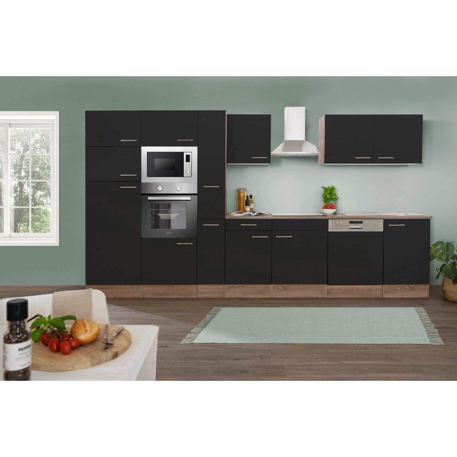 Respekta Küchenzeile KB370EYSMIGKE 370 cm Schwarz Eiche-York Nachbildung