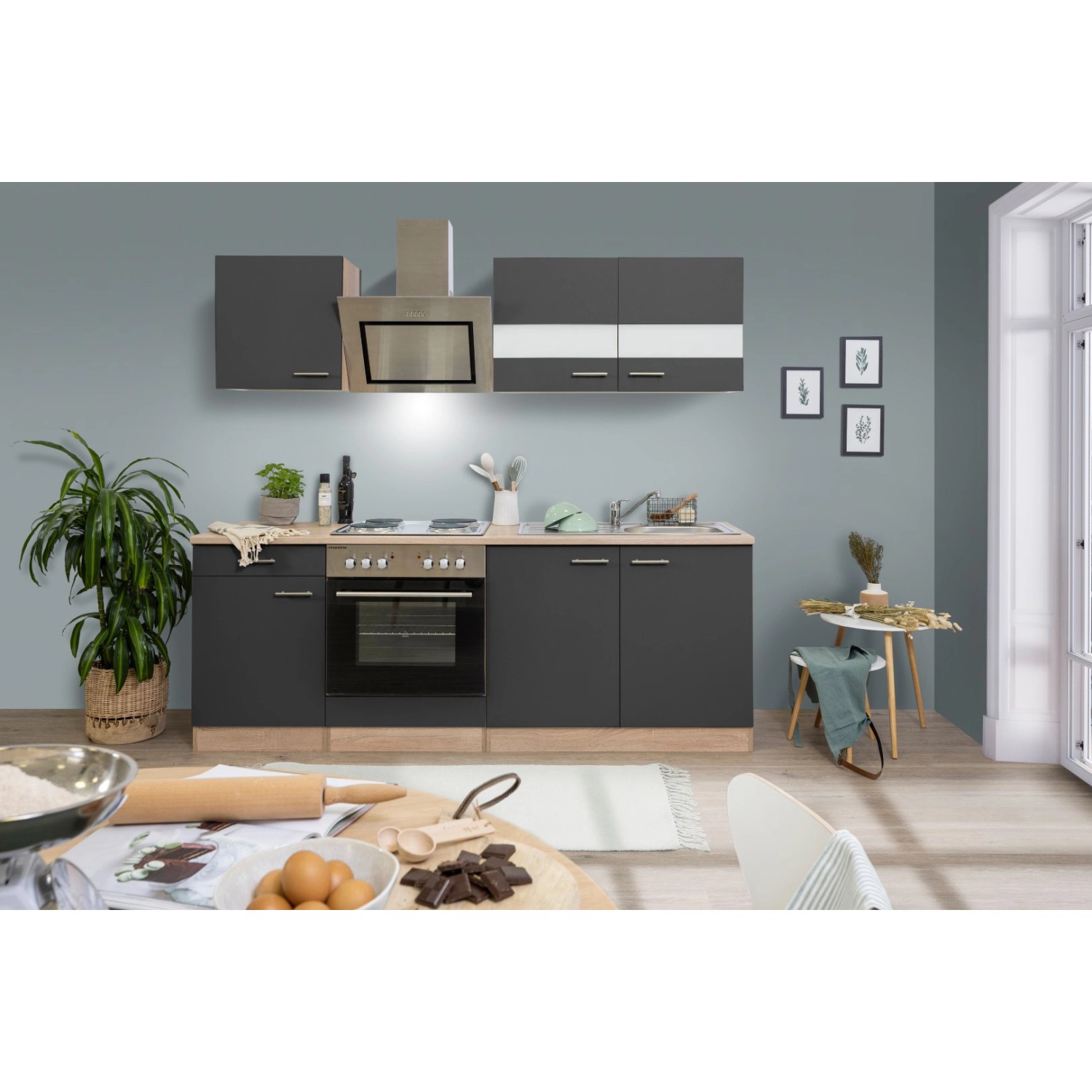 Respekta Economy Küchenzeile KB210ESGS 210 cm Grau-Eiche Sägerau