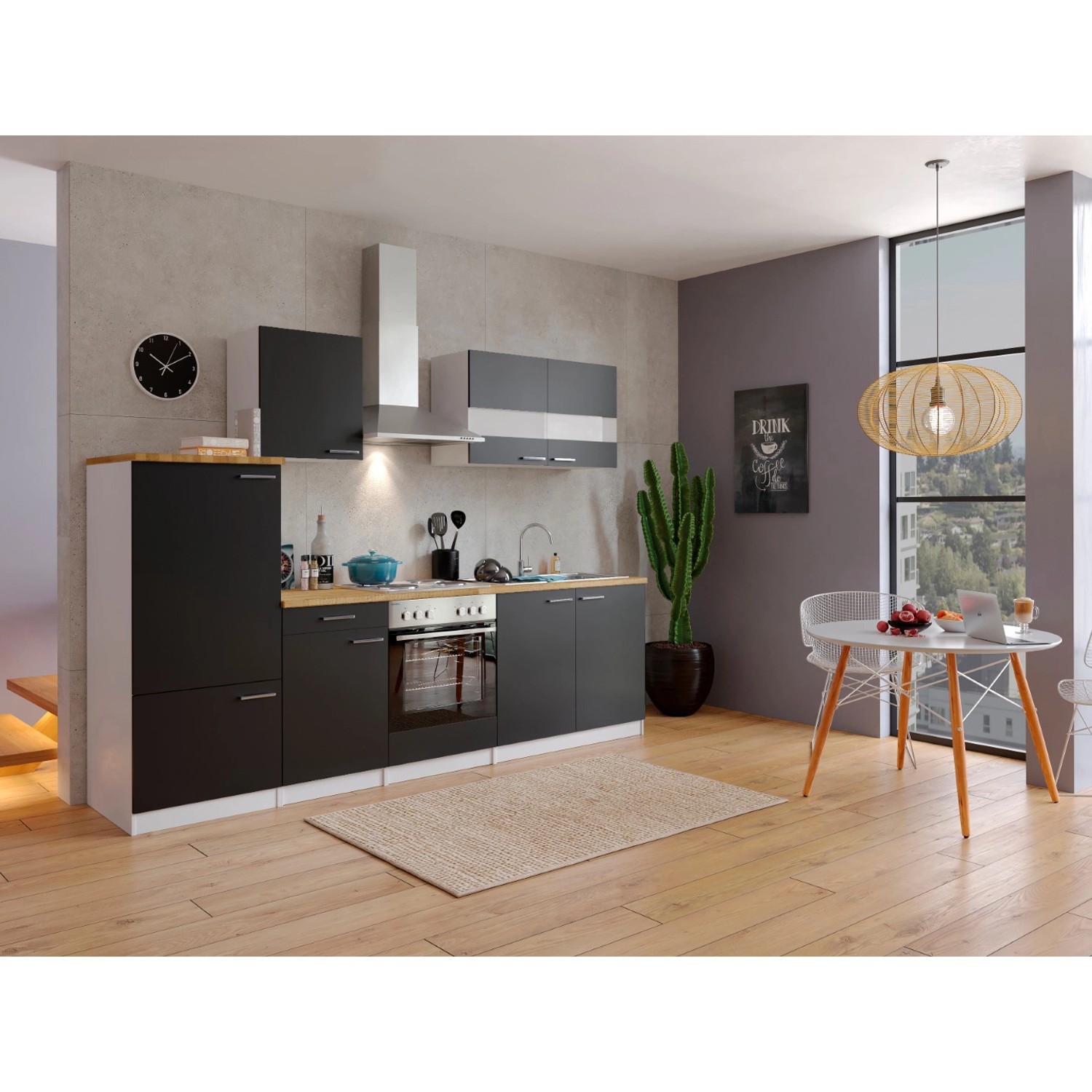 Respekta Küchenzeile KB270WS 270 cm Schwarz-Weiß