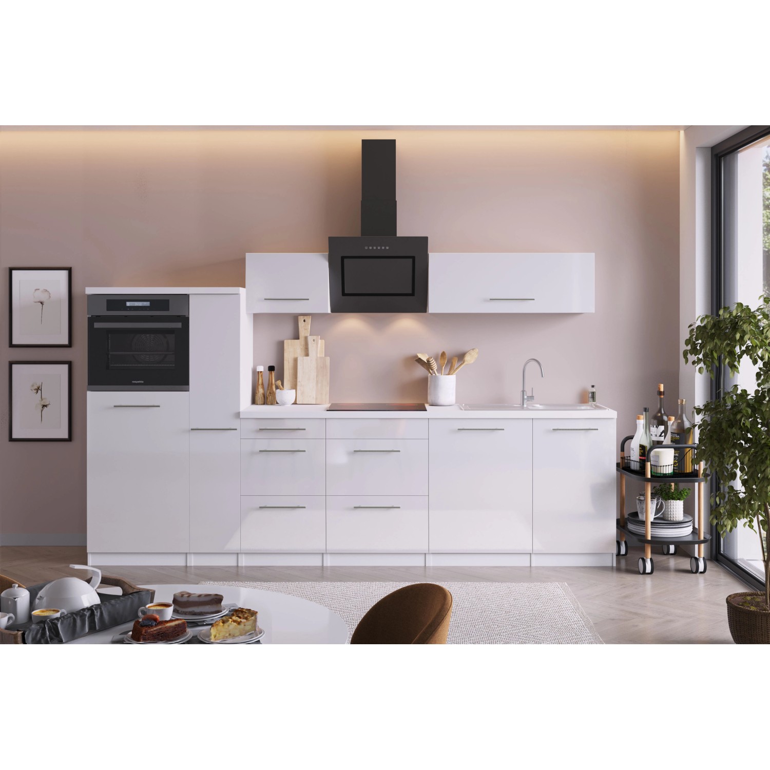 Respekta Premium Küchenzeile RP310HWW42060BS 310 cm Hochglanz Weiß