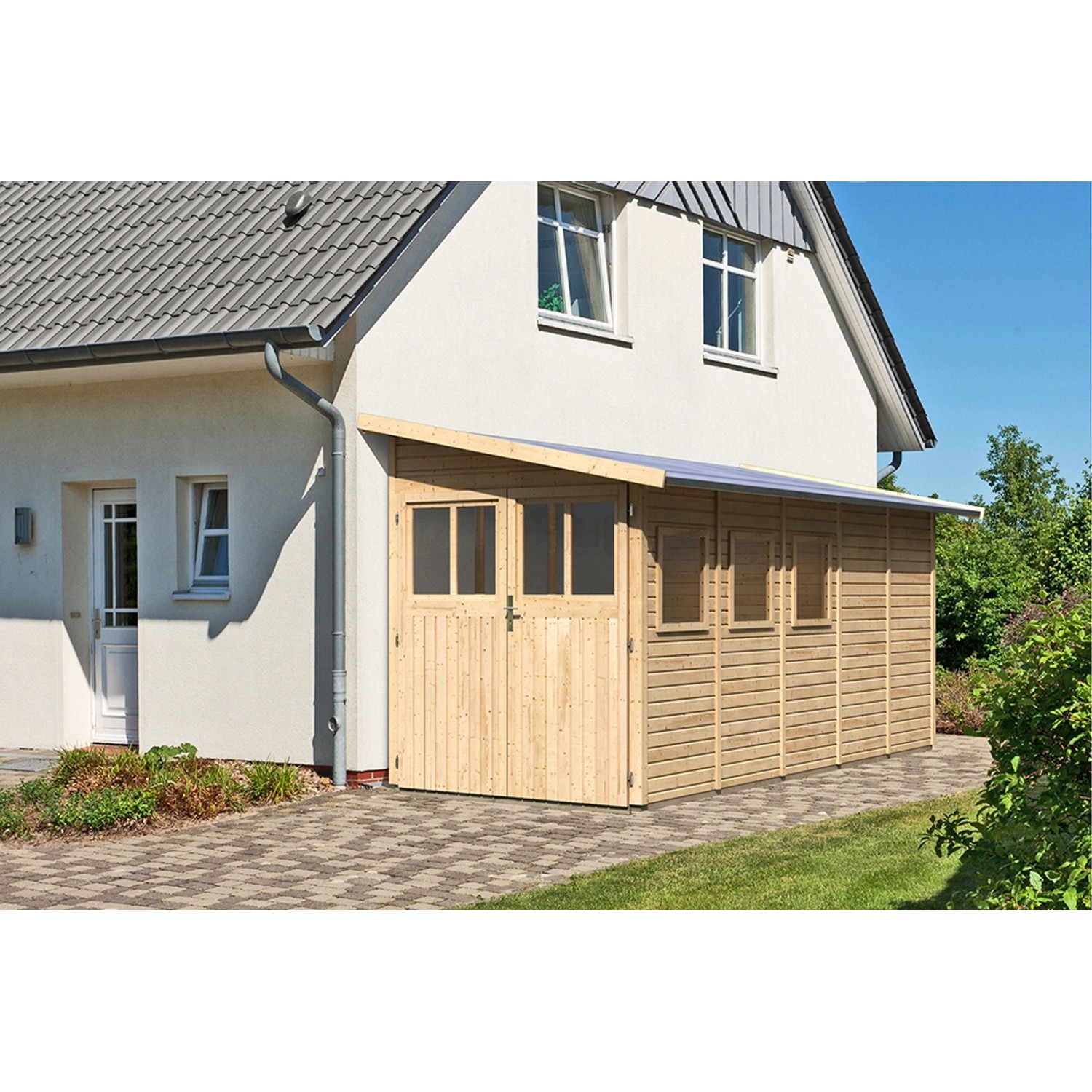 Karibu Holz-Gartenhaus Kristiansund Natur Pultdach Unbehandelt 178 cm x 439 cm