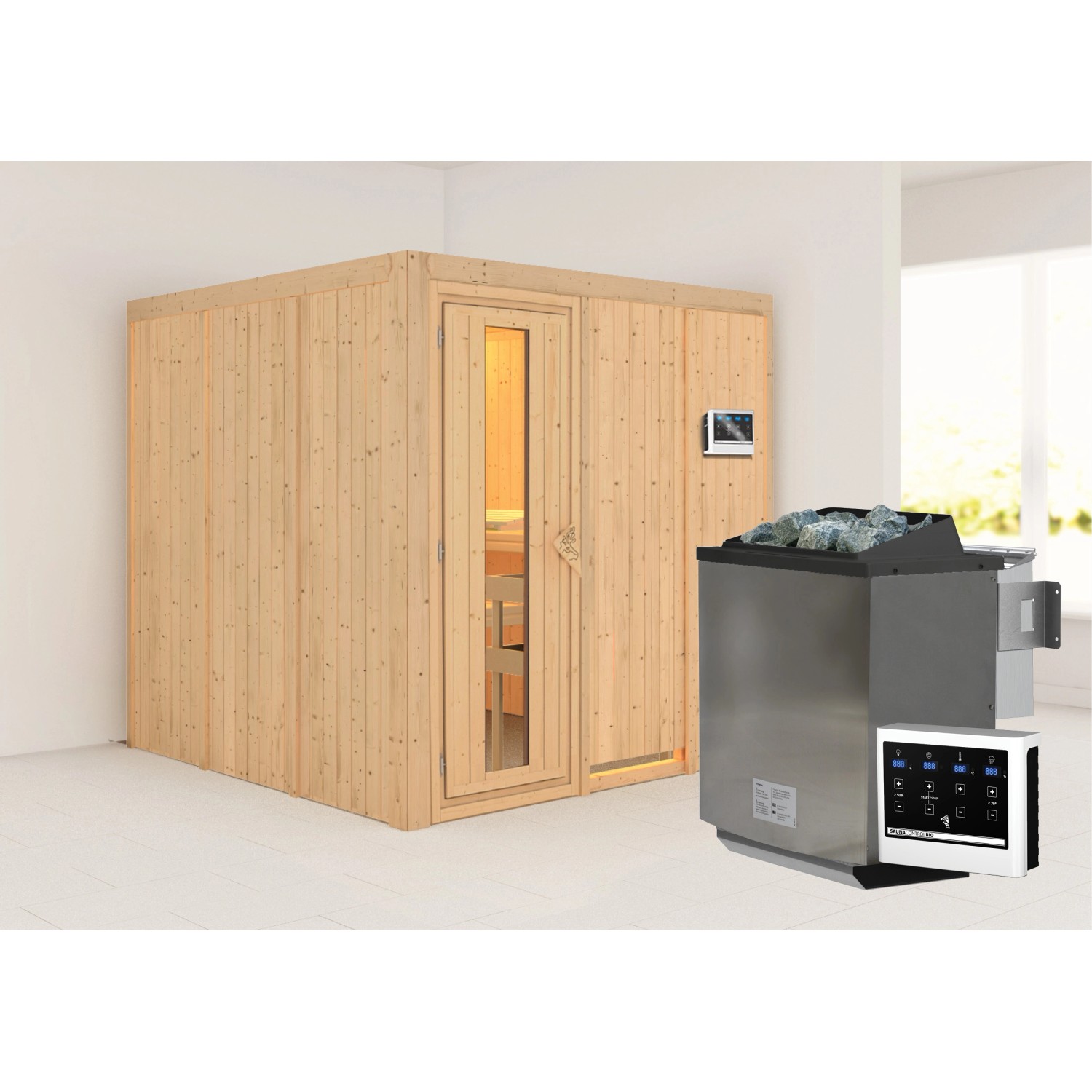 Karibu Sauna Rikka mit Bio-Ofen externe Steuerungt Natur