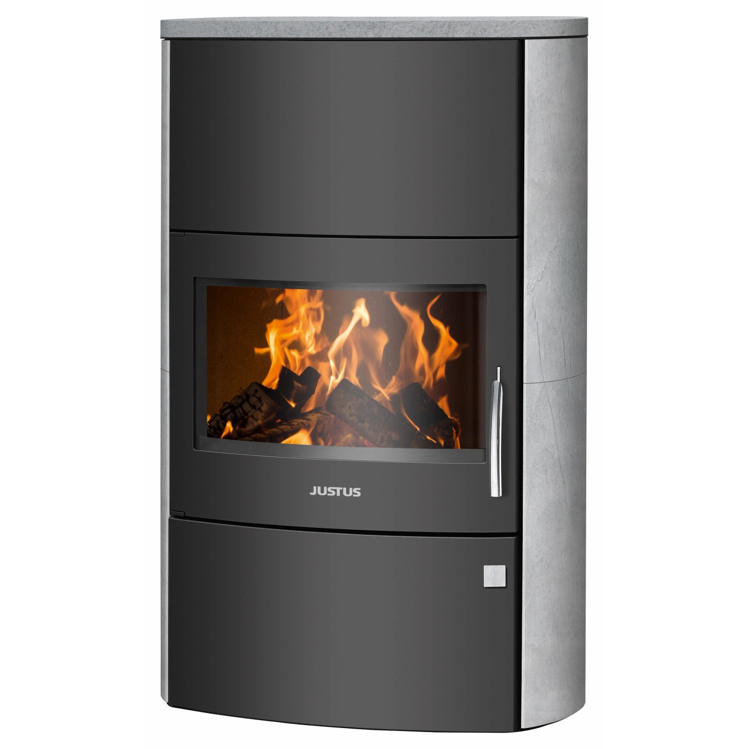 Justus Kaminofen Agero W+ Stahl Schwarz Speckstein Korpus Grau 7 kW EEK: A+