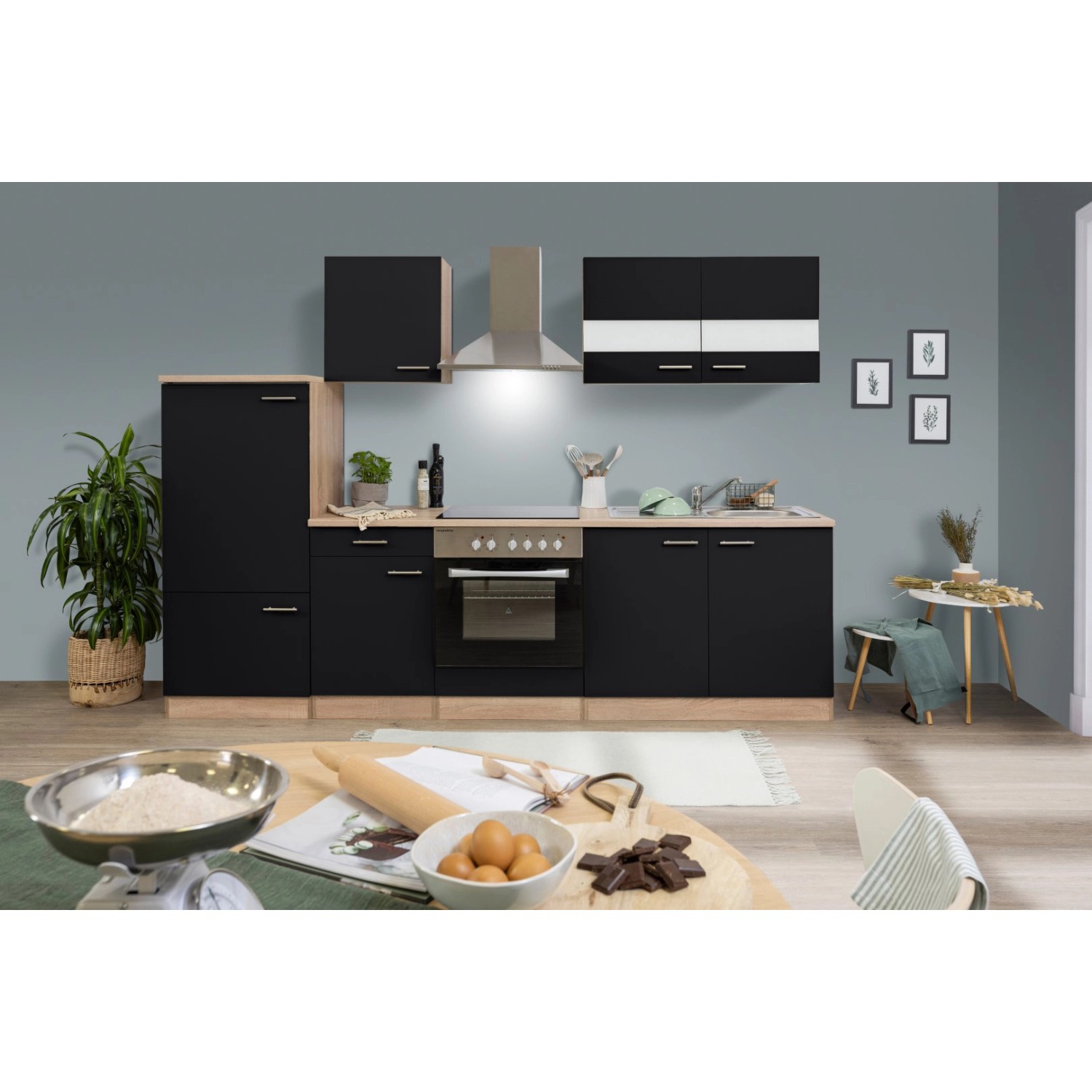 Respekta Küchenzeile KB270ESSC 270 cm  Schwarz-Eiche Sägerau Nachbildung