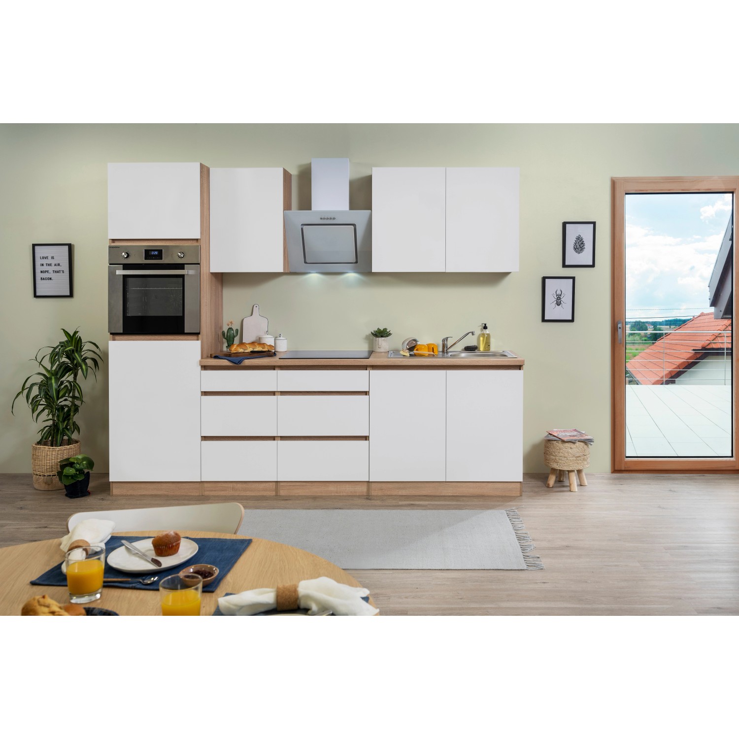 Respekta Küchenzeile GLRP270HESWM Grifflos 270 cm Weiß matt-Sonoma Eiche