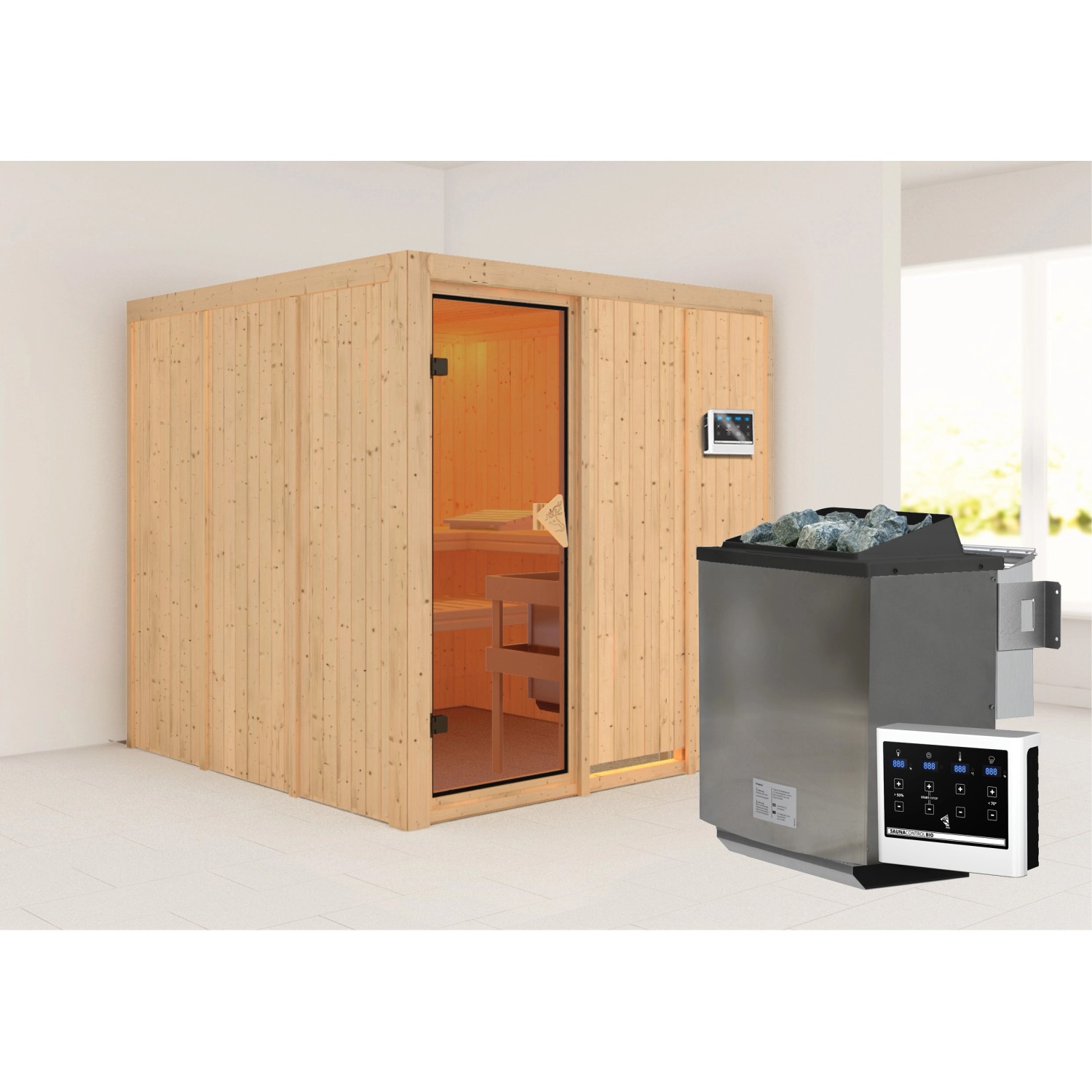 Karibu Sauna Rikka Edelstahlmit Bio-Ofen externe Stg.Natur