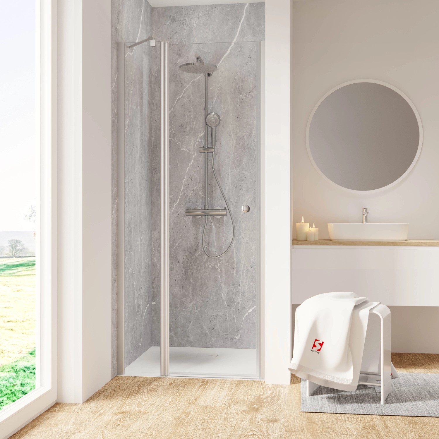 Schulte Dusche Drehtür Garant 2.0 an Nebenteil Nische Links 200 x 90 cm Alunatur