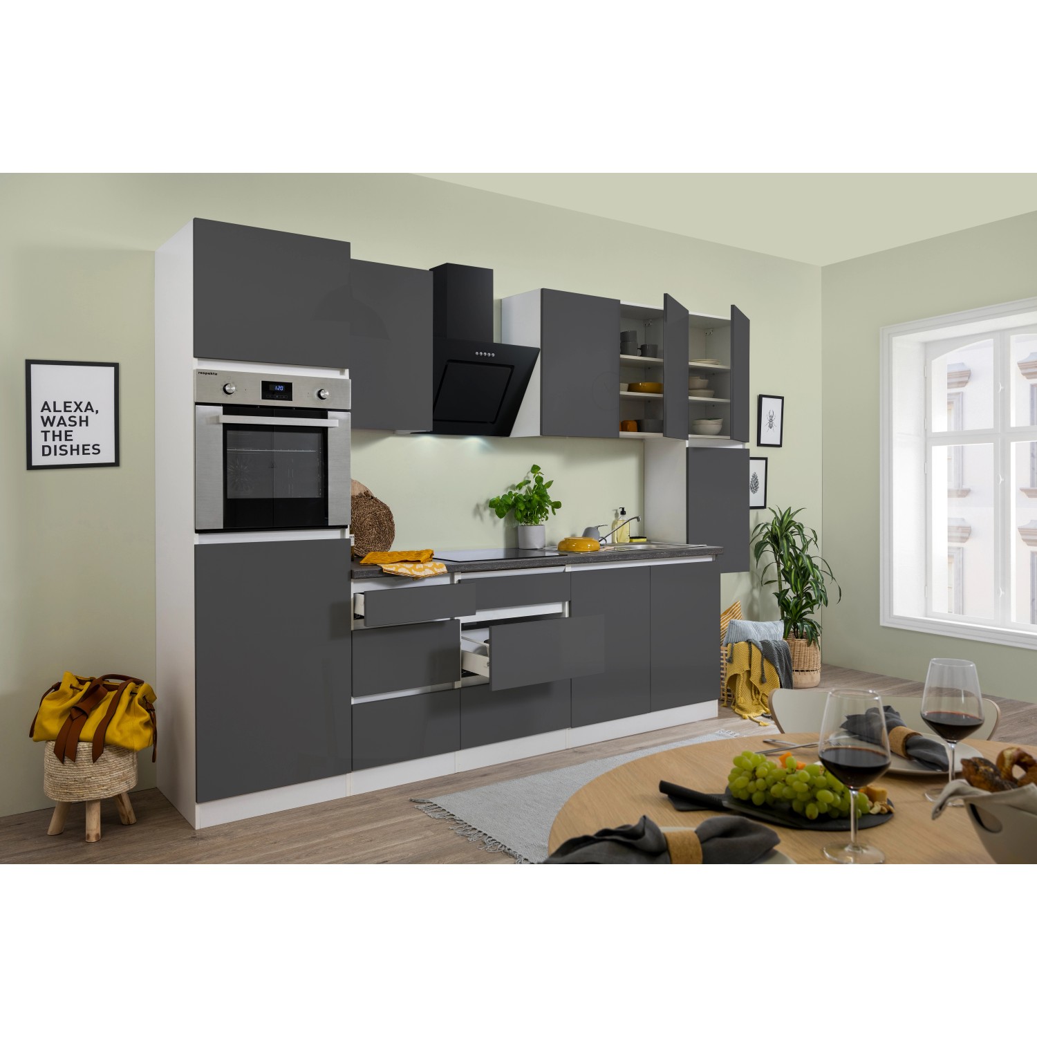 Respekta Küchenzeile GLRP320HWG Grifflos 320 cm Grau Hochglanz-Weiß