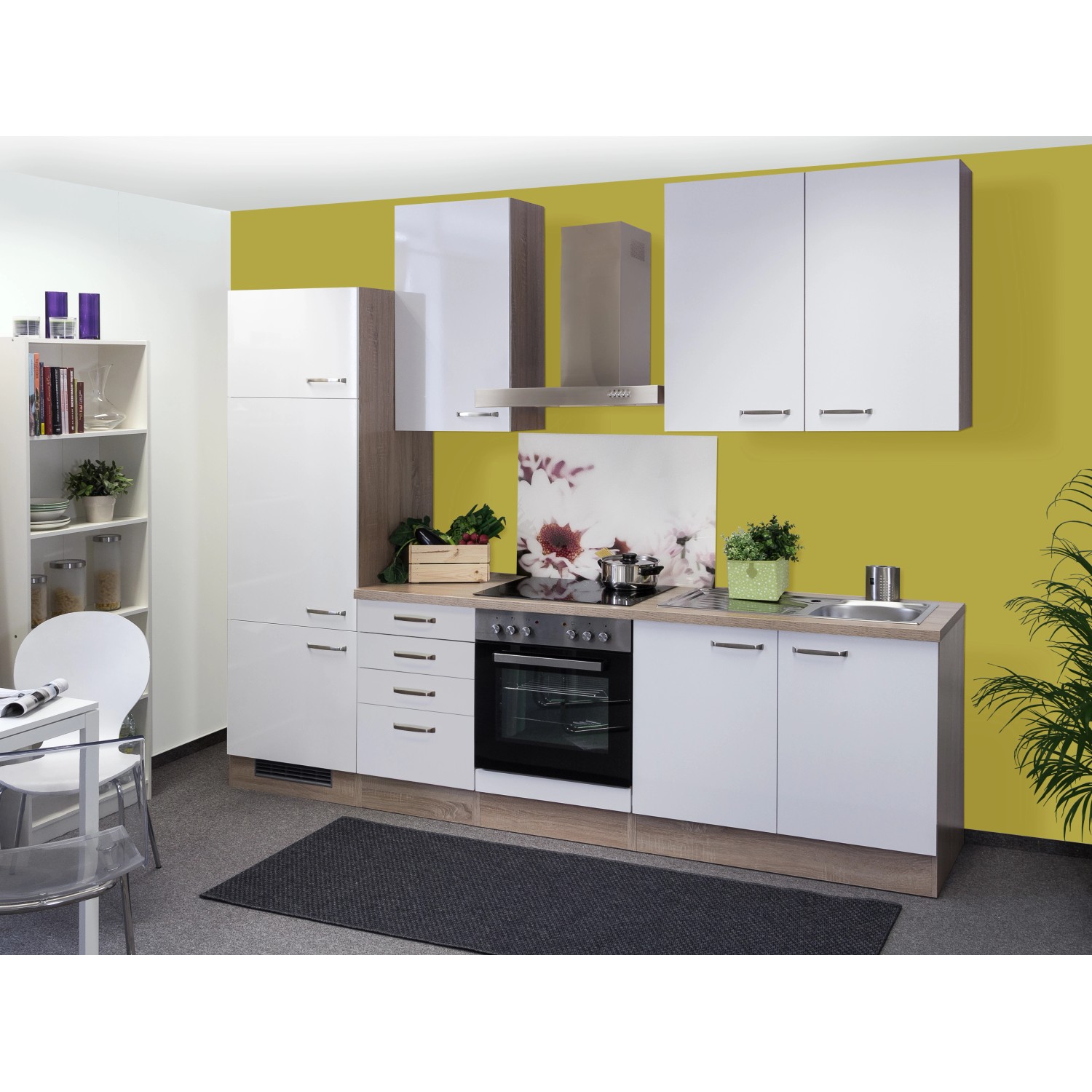 Flex-Well Exclusiv Küchenzeile Valero 270 cm Hochglanz Weiß-Sonoma Eiche