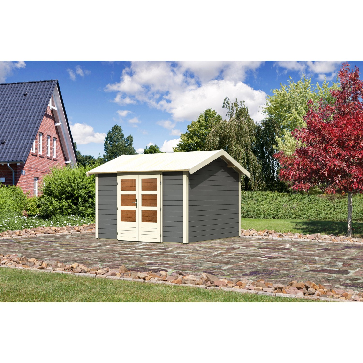 Karibu Holz-Gartenhaus Timra Terragrau Satteldach Lackiert 300 cm x 300 cm