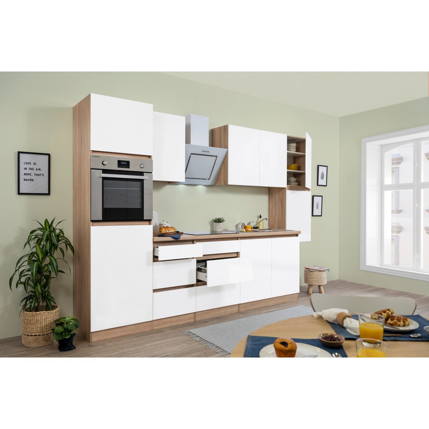 Respekta Küchenzeile GLRP320HESWM Grifflos 320 cm Weiß matt-Sonoma Eiche