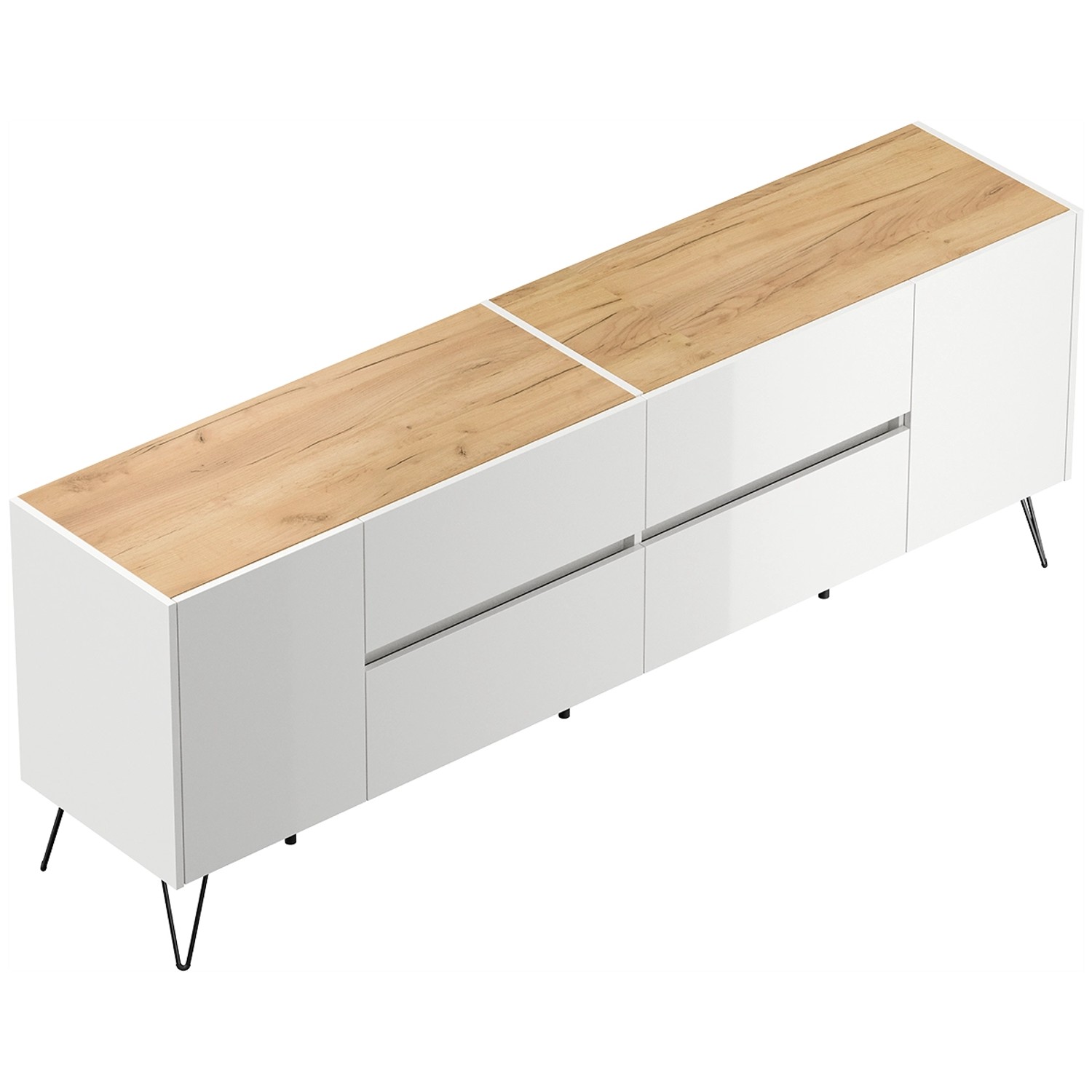 Posseik Sideboard Industrial J 4 Schubladen 2 Türen 200 cm Weiß Eiche Top