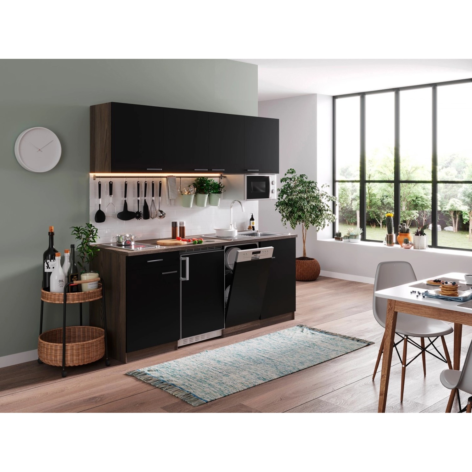 Respekta Küchenzeile KB195EYSMIC 195 cm Schwarz-Eiche York Nachbildung