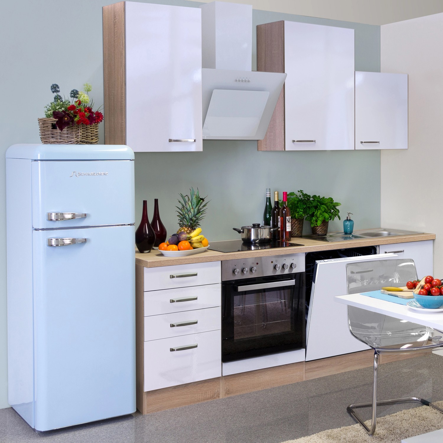 Flex-Well Exclusiv Küchenzeile Valero 220 cm Hochglanz Weiß-Sonoma Eiche