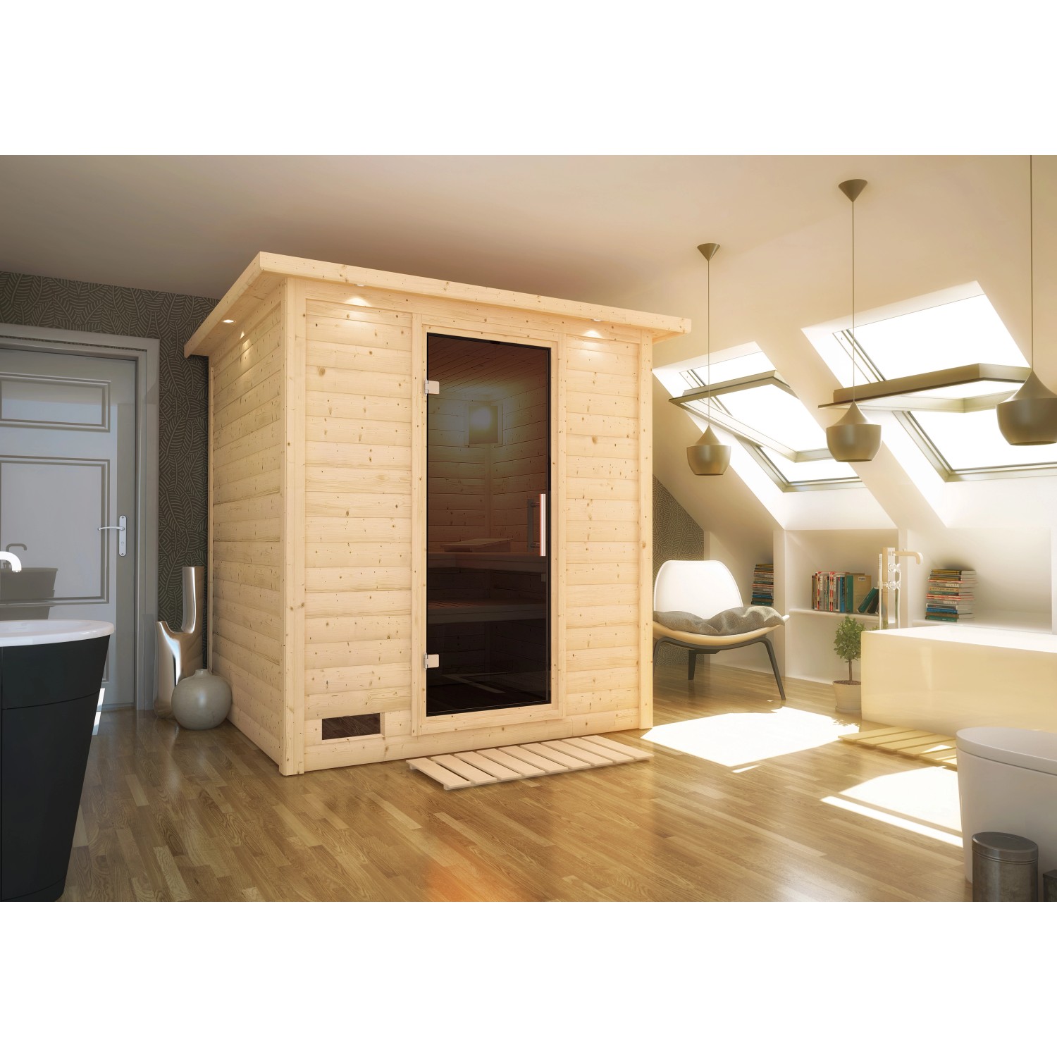 Karibu Sauna Marika mit Ofen m. mit Ofen intergrierte Stg.LED-Dachkranz Gr Natur