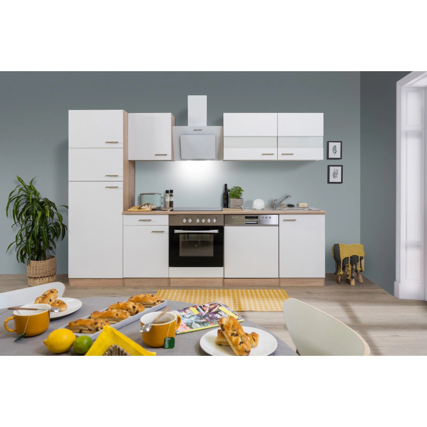 Respekta Küchenzeile KB280ESWCGKE 280 cm Weiß-Eiche Sägerau Nachbildung