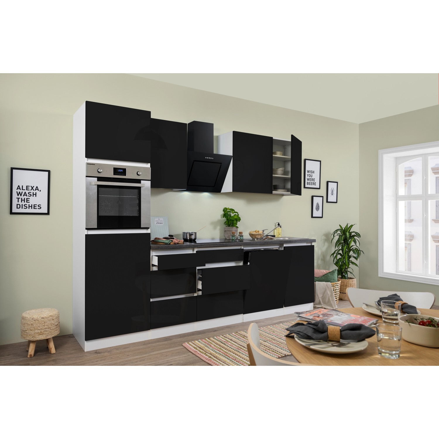 Respekta Küchenzeile GLRP280HWS 280 cm Schwarz Hochglanz Granit-Optik Grifflos