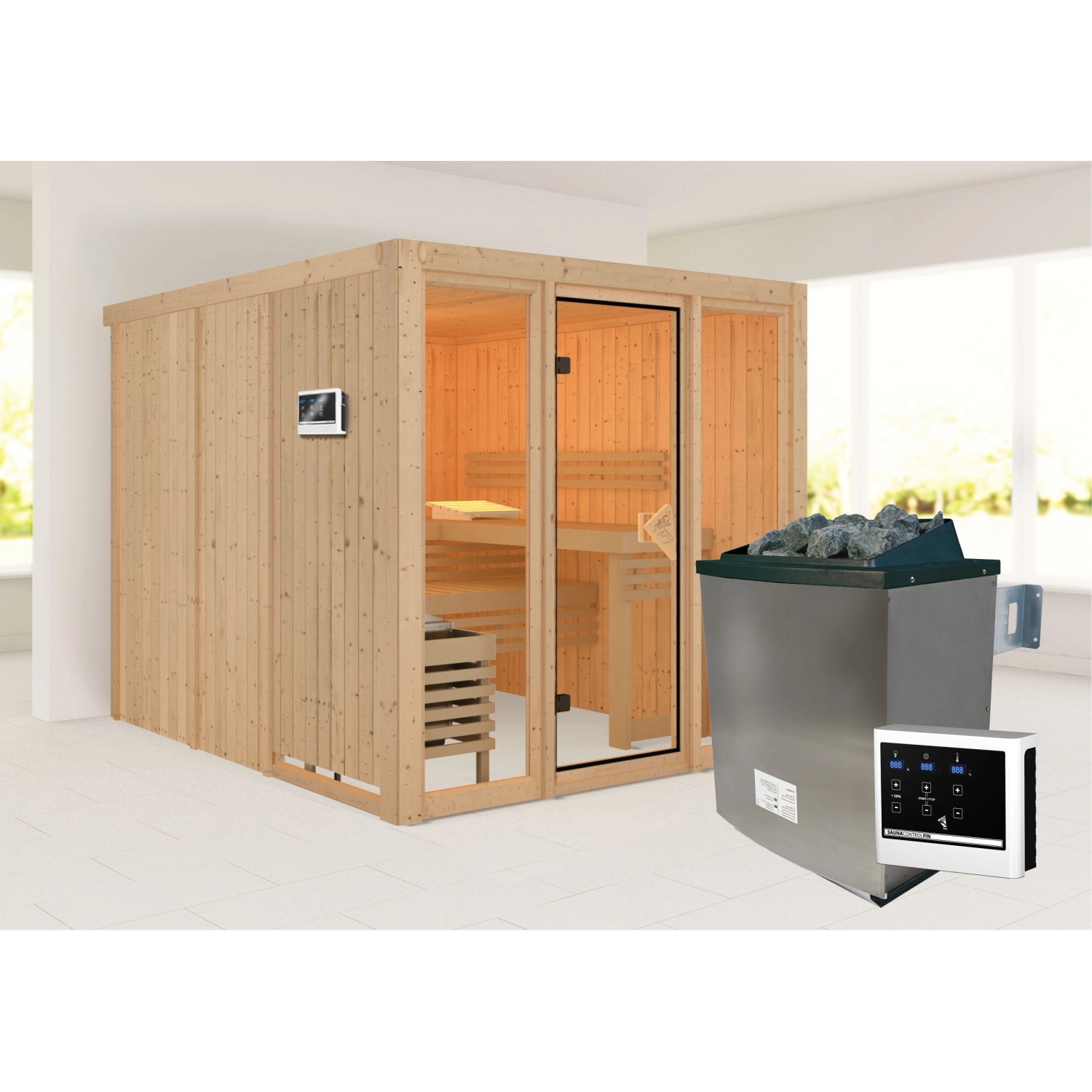 Karibu Sauna Svava Glasfront Set Natur mit Ofen 9 kW ext. Strg.