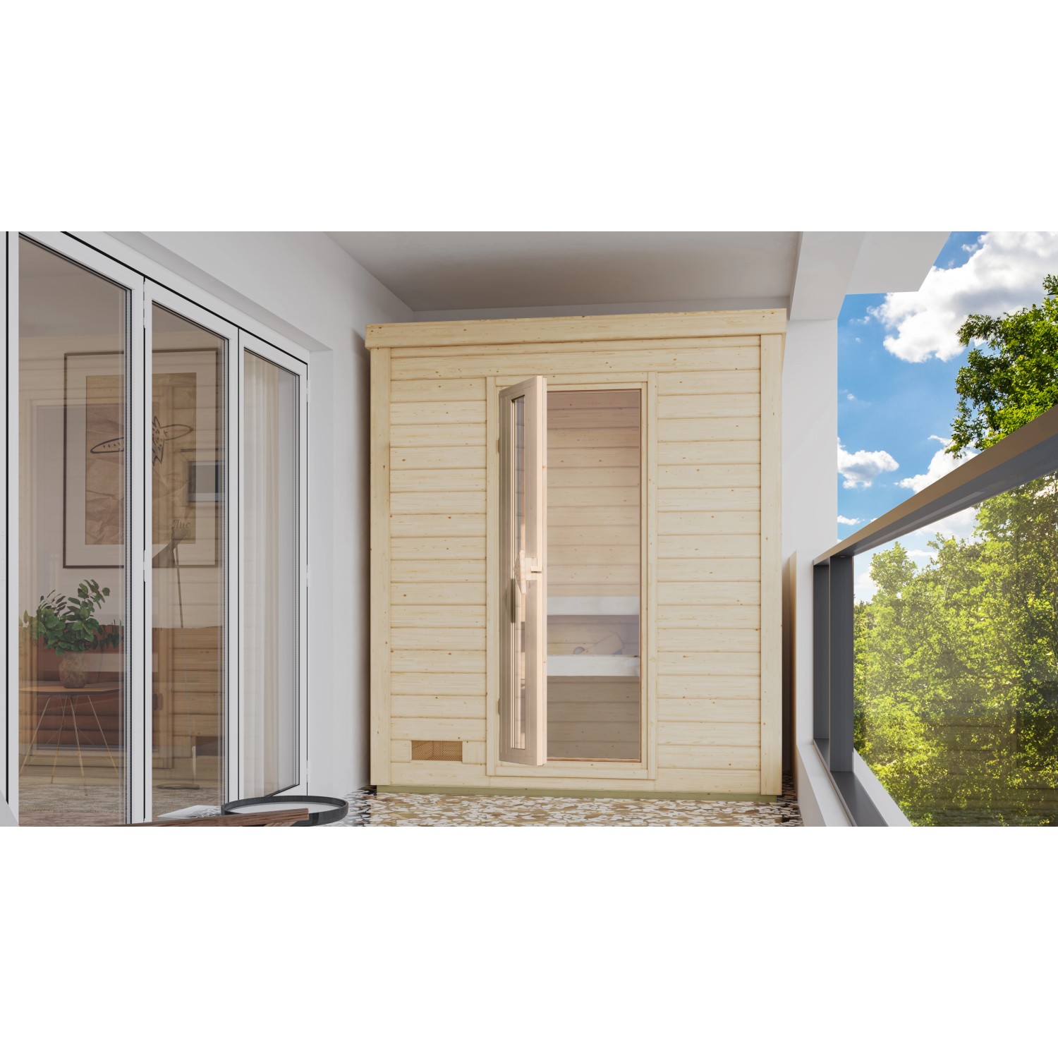 Karibu Saunahaus Arvi 0 mit Iso-Tür Naturbelassen mit Ofen 9 kW Integr. Strg.