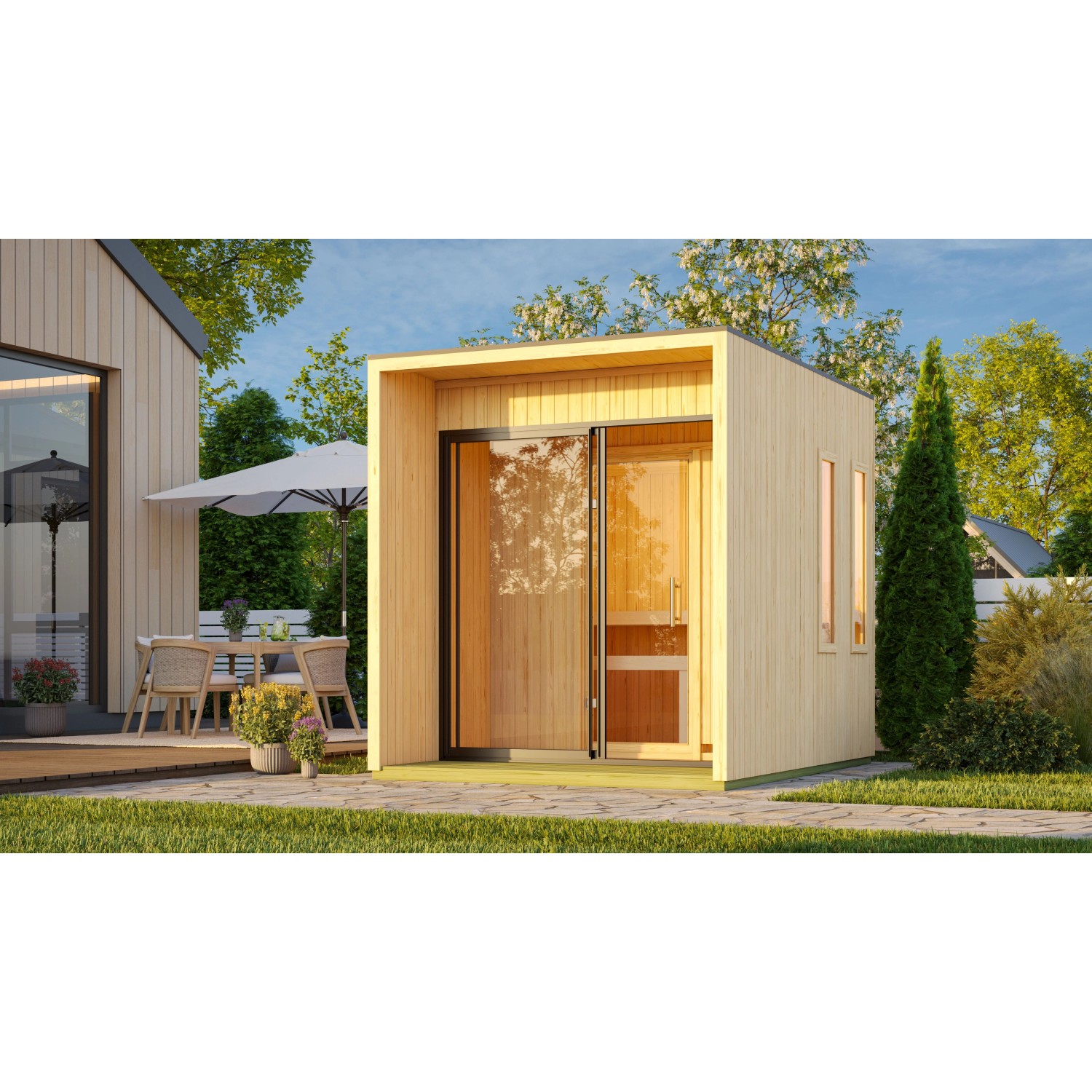 Karibu Saunahaus-Set Alassio Naturbelassen mit Ofen 9 kW Ext. Strg.