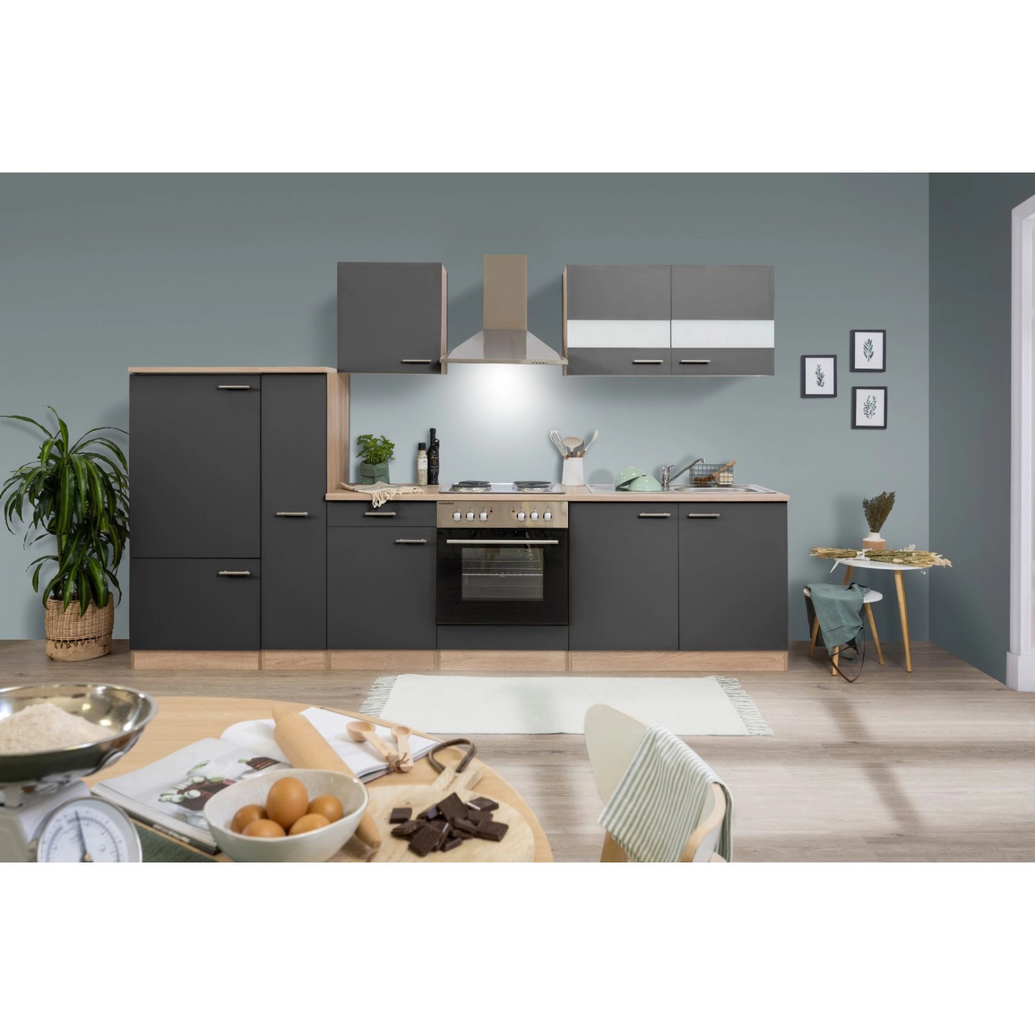 Respekta Küchenzeile KB300ESG 300 cm Grau-Eiche Sägerau Nachbildung
