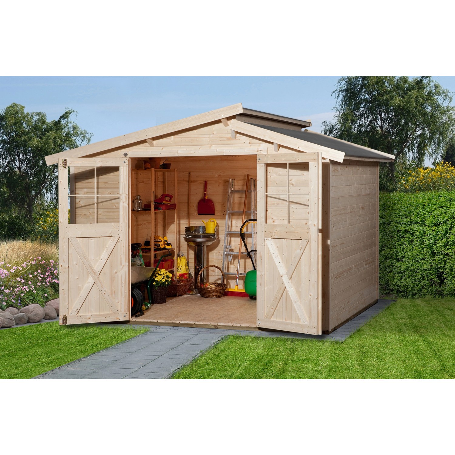 Weka Holz-Gartenhaus Gartenhaus 323 Versetztes Satteldach Unbehandelt 217 cm