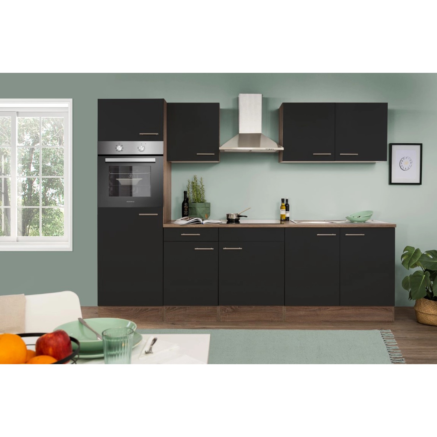 Respekta Küchenzeile KB270EYS 270 cm Schwarz Seidengl.-Eiche York Nachbildung
