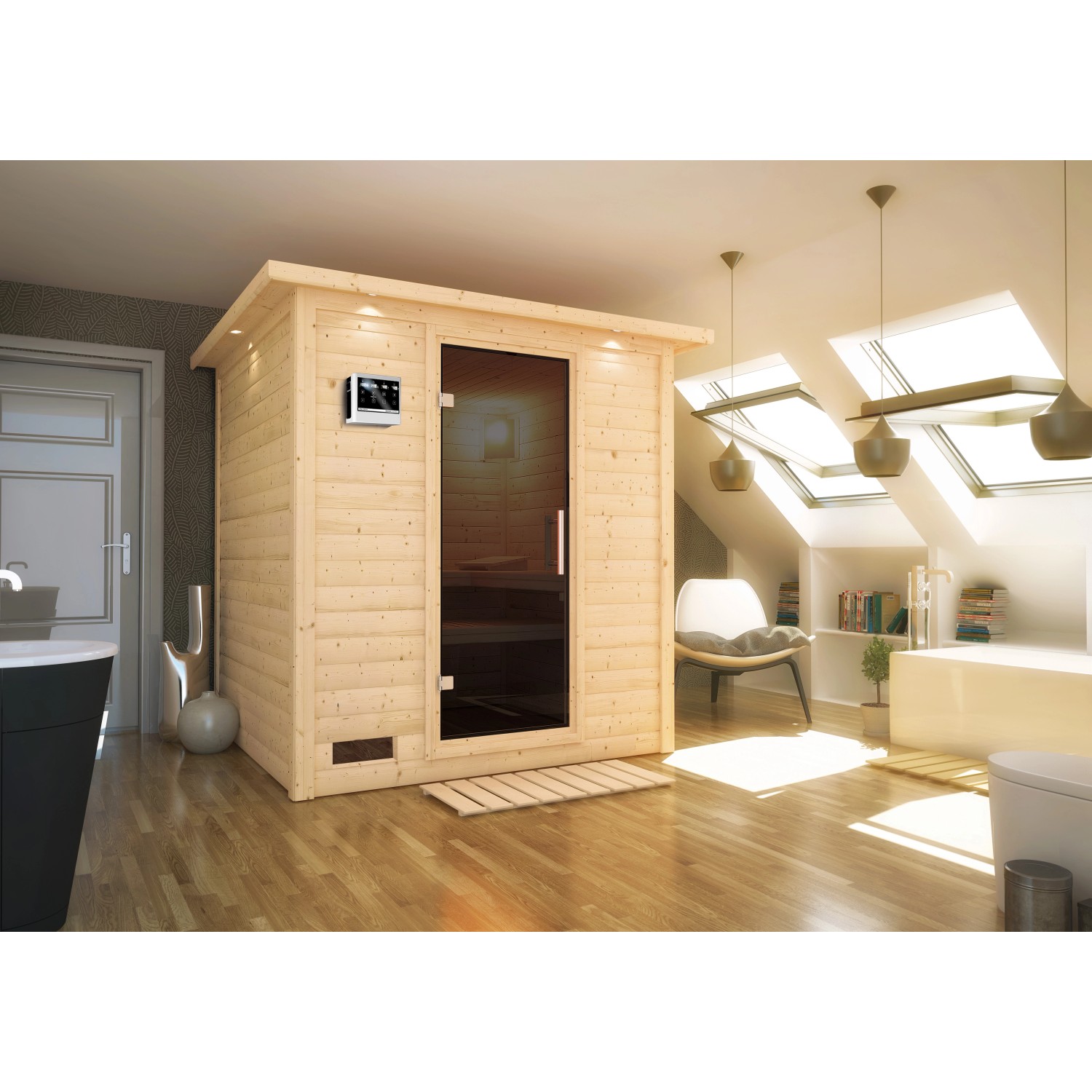 Karibu Sauna Marika mit Bio-Ofen externe Stg.LED-Dachkranz Grap Natur