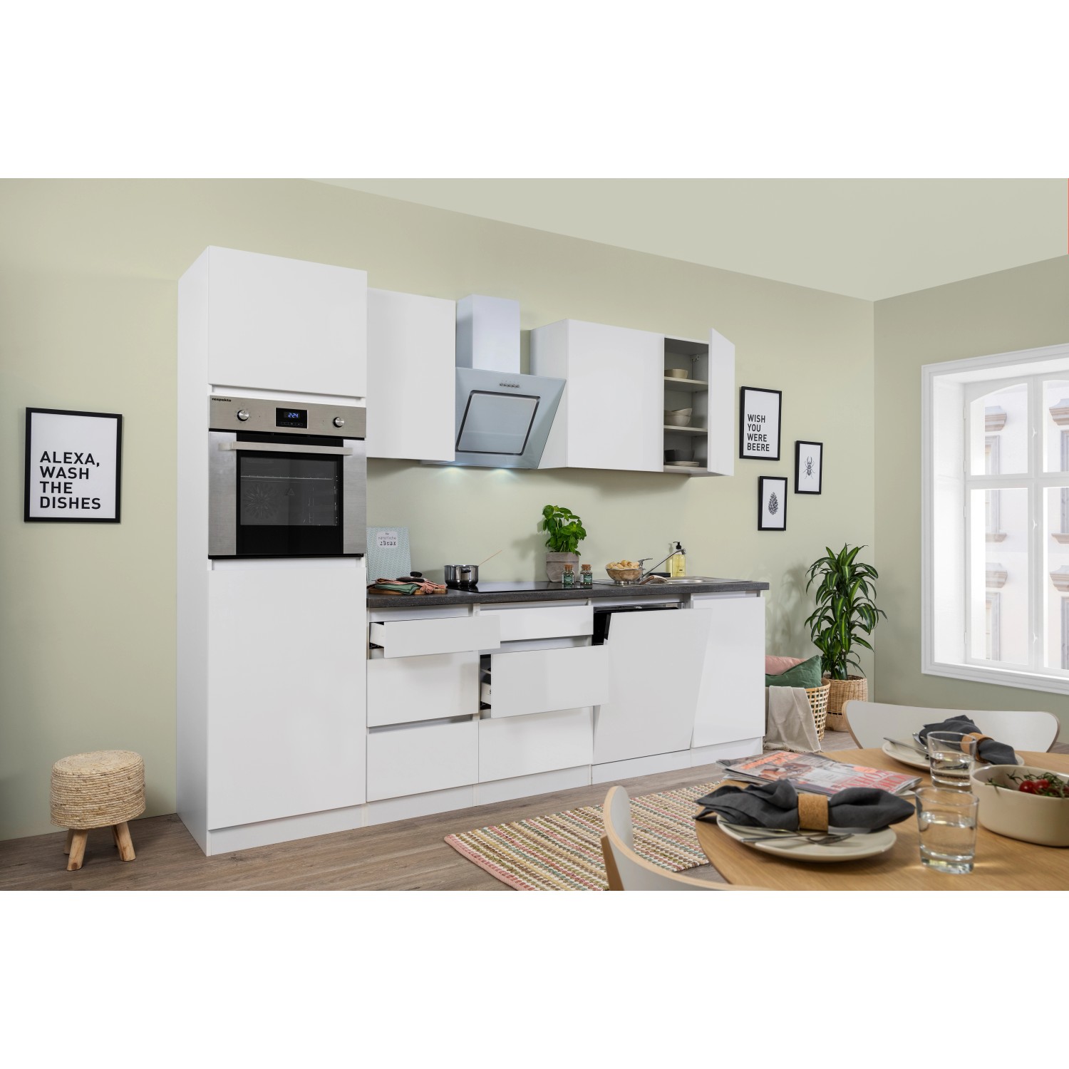 Respekta Küchenzeile GLRP280HWWM 280 cm Weiß Matt Granit-Optik Grifflos