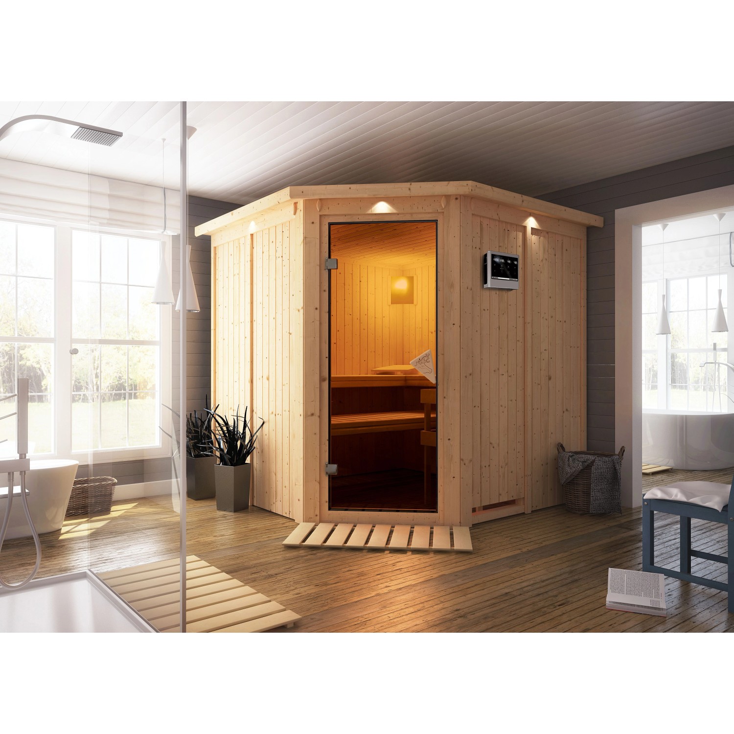 Karibu Sauna Jorma mit Bio-Ofen externe Stg.LED-Dachkranz Natur