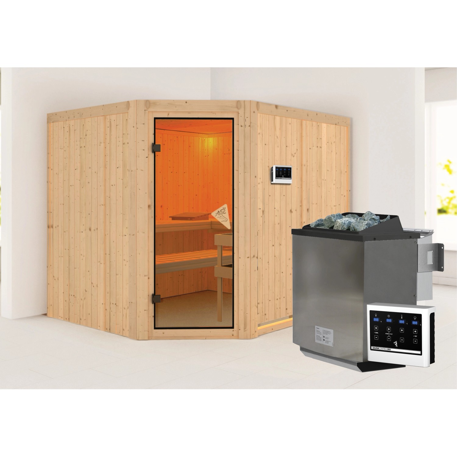 Karibu Sauna Edelstahlmit Bio-Ofen externe Stg.Natur