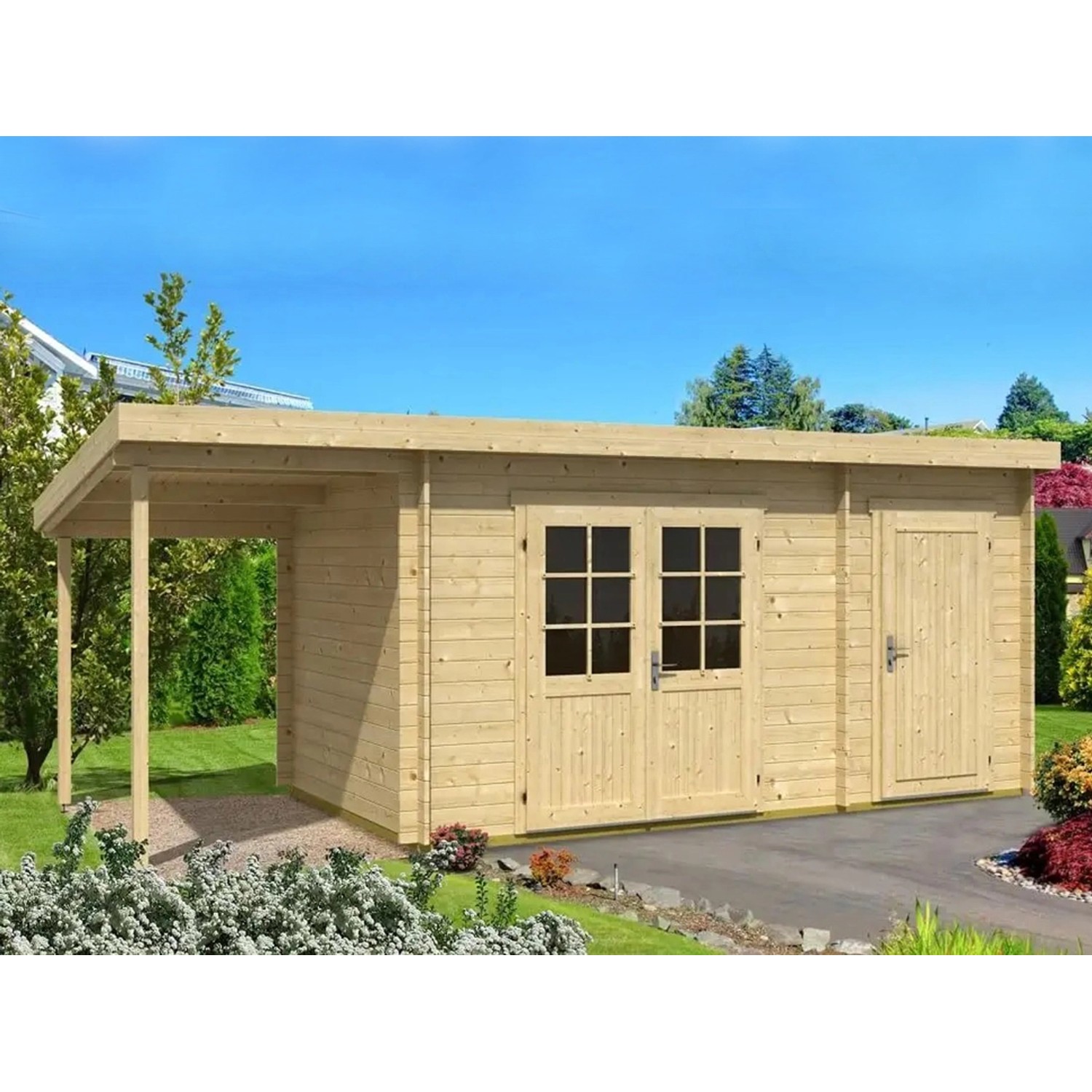 Alpholz Gartenhaus Maria 40 mm  450 cm x 250 cm + 150 cm Schleppdach Natur