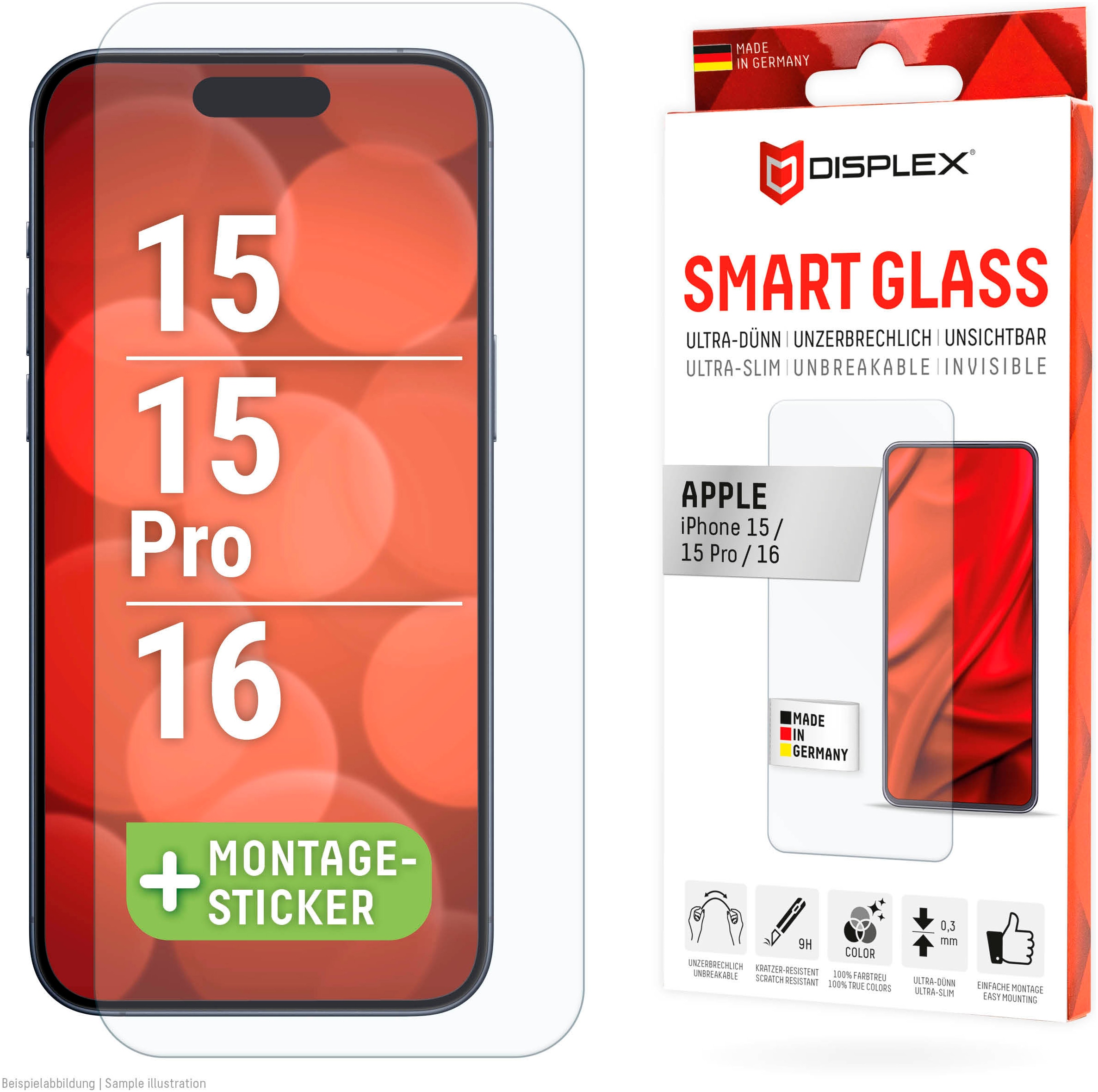 Displex Displayschutzglas 'Smart Glass Screen Protection' für Apple iPhone 15;Apple iPhone 15 Pro;Apple iPhone 16 Displayschutzfolie, Schutzfolie, Bildschirmschutz, kratz- & stoßfest