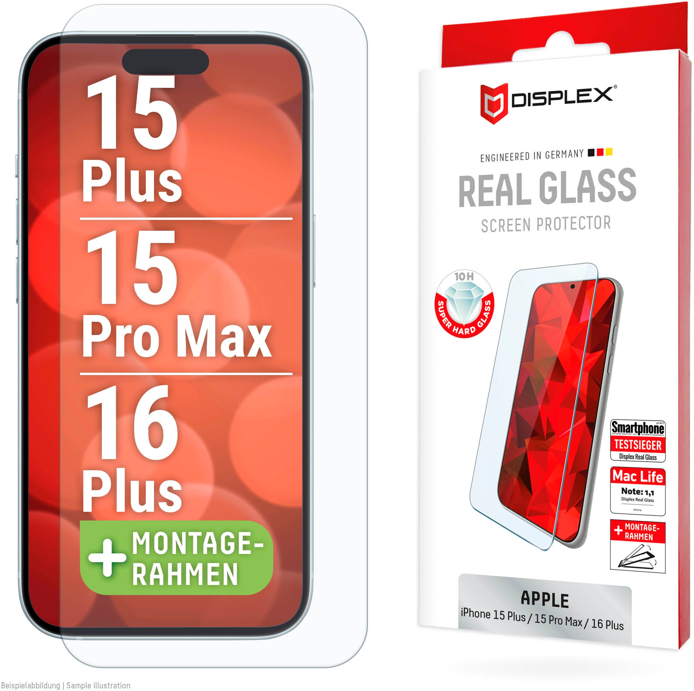 Displex Displayschutzglas 'Real Glass Screen Protection' für Apple iPhone 16 Plus;Apple iPhone 15 Plus;Apple iPhone 15 Pro Max Displayschutzfolie, Schutzfolie, Bildschirmschutz, kratz- & stoßfest