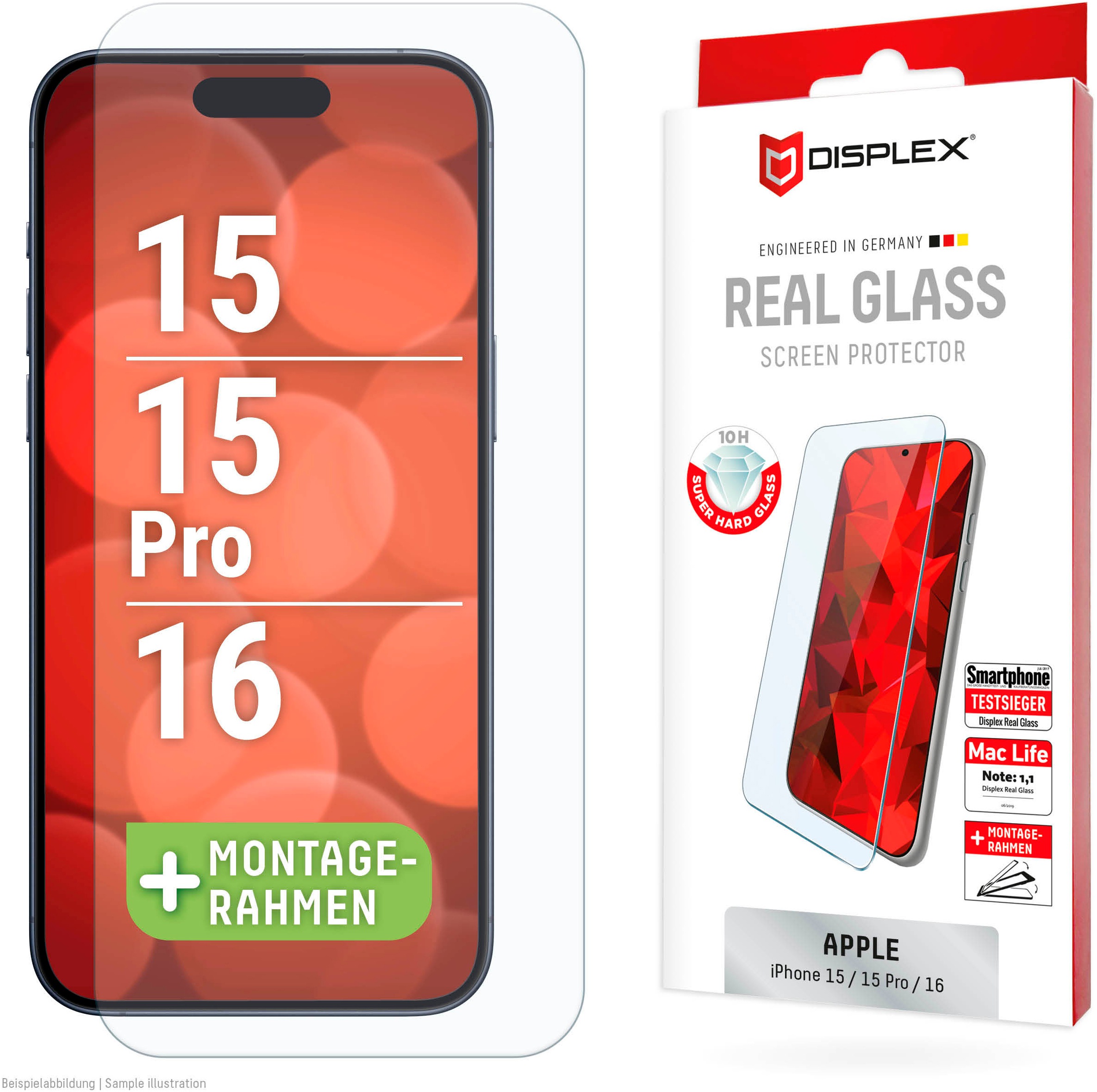 Displex Displayschutzglas 'Real Glass Screen Protection' für Apple iPhone 16;Apple iPhone 15;Apple iPhone 15 Pro Displayschutzfolie, Schutzfolie, Bildschirmschutz, kratz- & stoßfest
