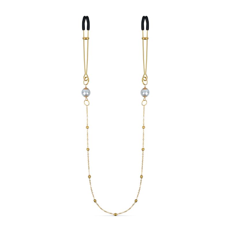 Goldene Brustwarzenklemmen mit Kette und Perlen