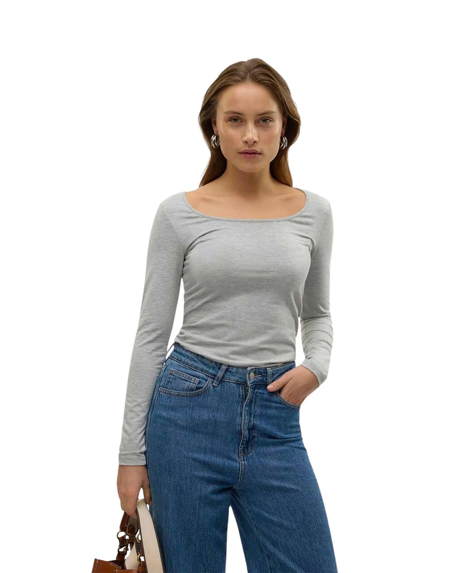 Vero Moda Langarmshirt Maxi My Soft Long U-Neck in Light Grey Melange