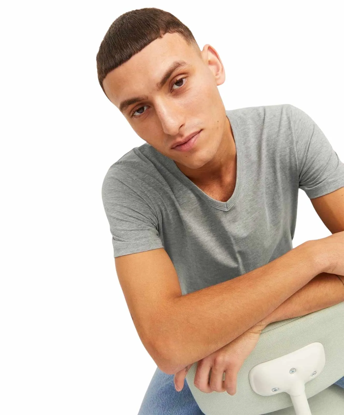 Jack & Jones T-Shirt Basic V-Neck Tee in Light Grey Melange