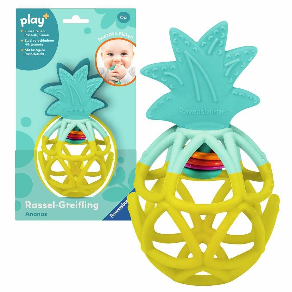 Ravensburger 4869 Play+ Rassel-Greifling: Ananas, Zahnungshilfe, Silikon Baby-Spielzeug ab 0 Monate